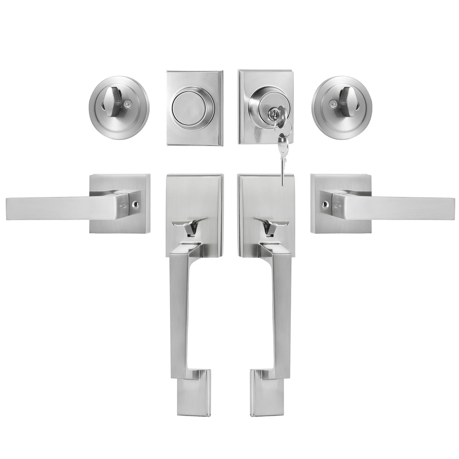 Double Door Handle Set, Double Door Lock Set with Reversible Handle Lever, Satin Nickel Square Door Lever, Heavy Duty Double Front Door Handle Set with Dummy, for Front Door or Office Door
