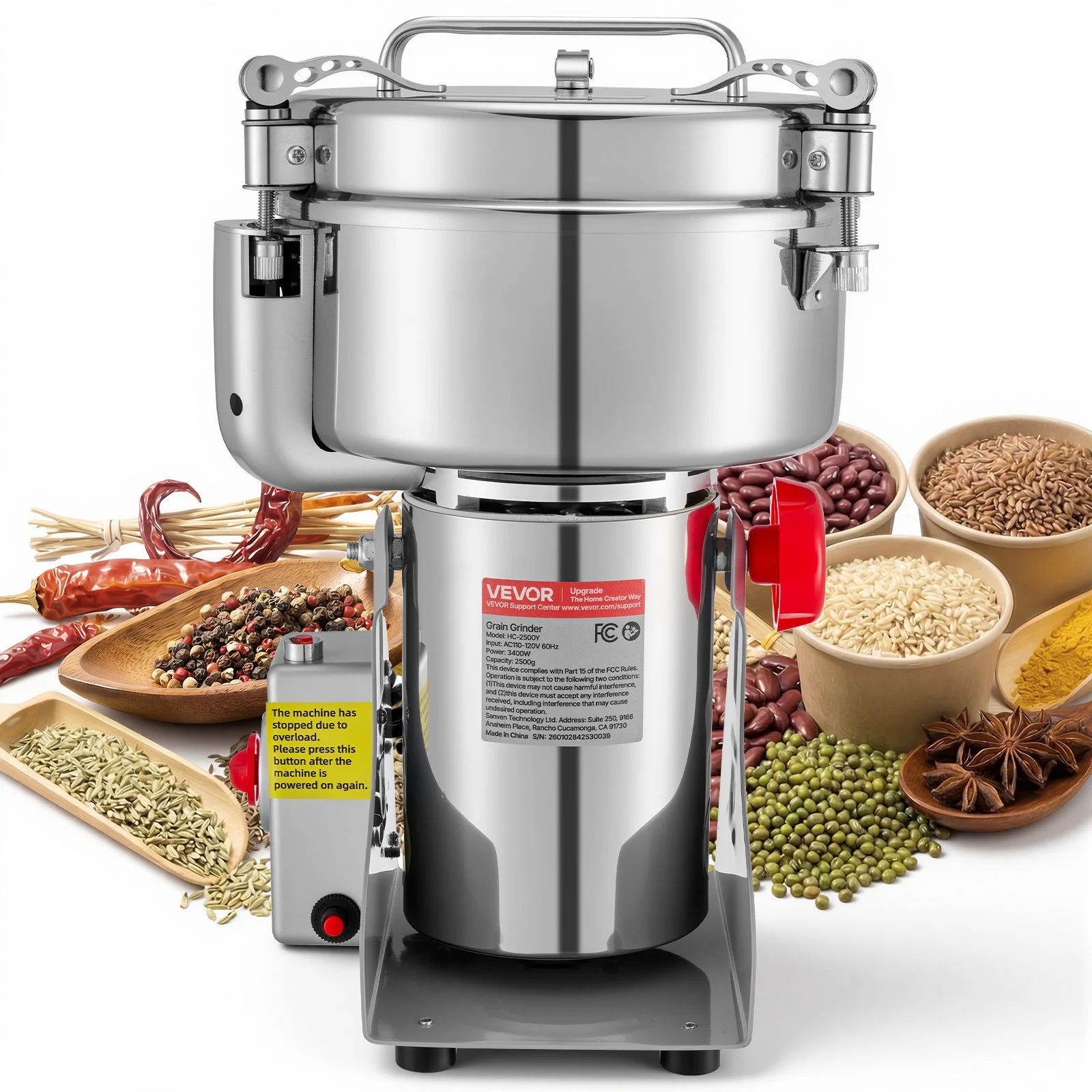 2500g Electric Grain Mill Grinder, 3400W 32000RPM High Speed Spice Corn Dry Grinding Machine, Stainless Steel Pulverizer Powder Machine for Dried Grains Coffee Beans Spices Nuts (270° Swing Type)