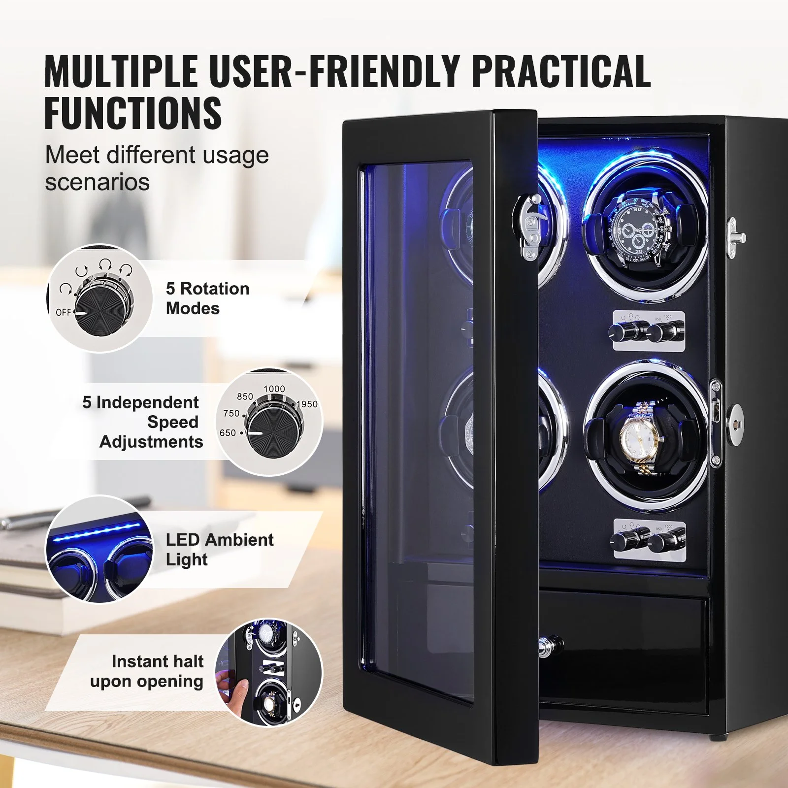 Watch Winder, Watch Winder for 4 Men's and Women's Automatic Watches, with 4 Super Quiet Japanese Mabuchi Motors, Blue LED Light and Adapter, High-Density Board Shell and Black PU - Image 5
