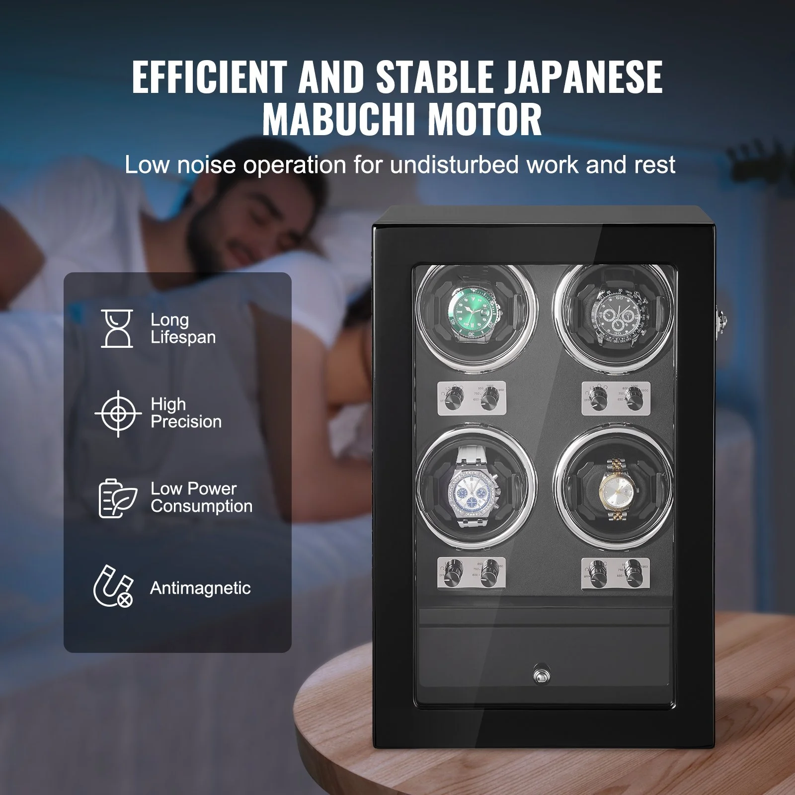 Watch Winder, Watch Winder for 4 Men's and Women's Automatic Watches, with 4 Super Quiet Japanese Mabuchi Motors, Blue LED Light and Adapter, High-Density Board Shell and Black PU - Image 4