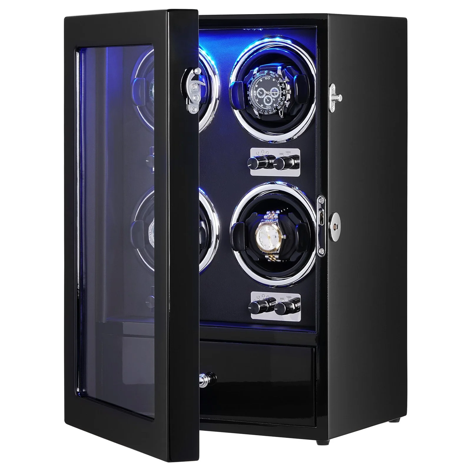 Watch Winder, Watch Winder for 4 Men's and Women's Automatic Watches, with 4 Super Quiet Japanese Mabuchi Motors, Blue LED Light and Adapter, High-Density Board Shell and Black PU - Image 12