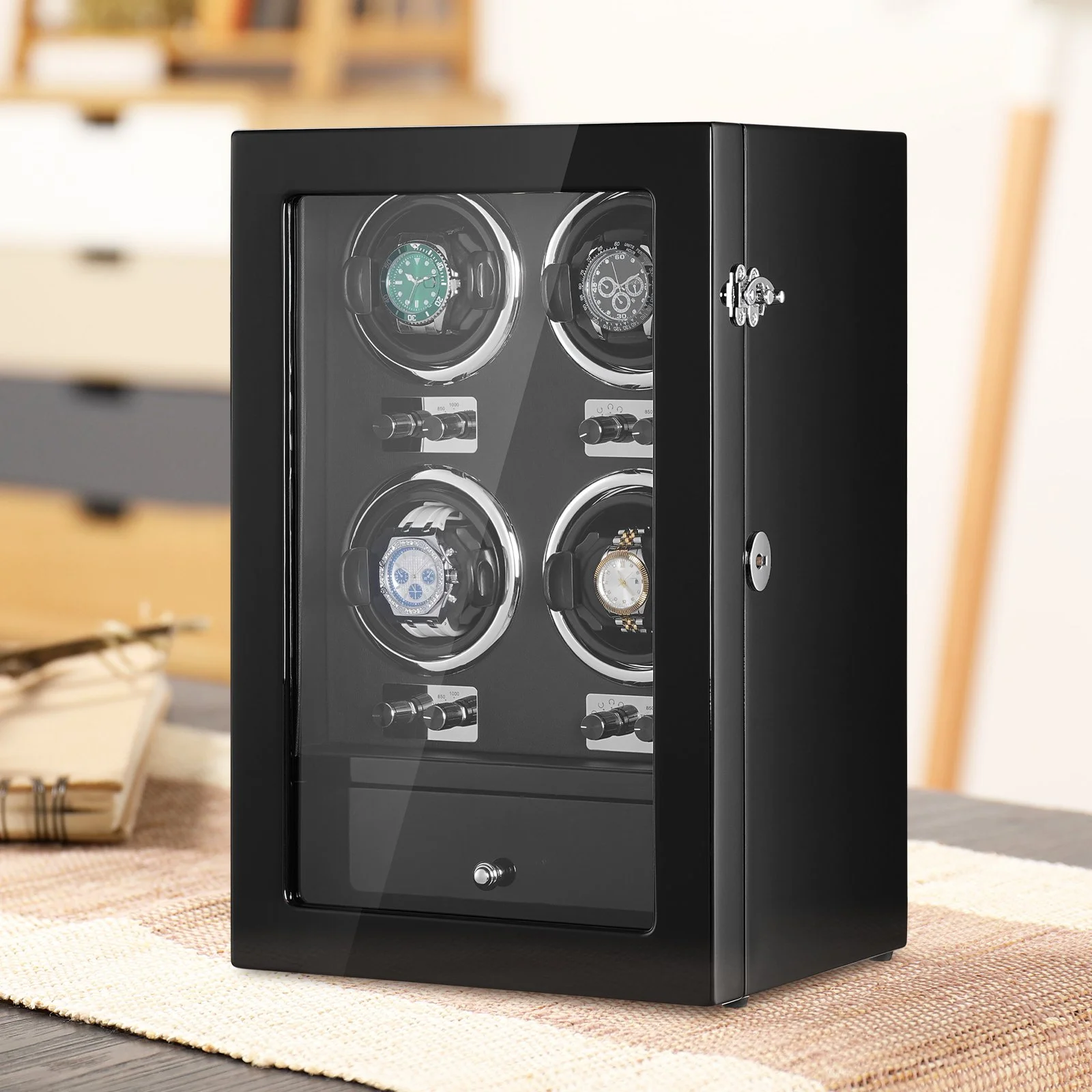 Watch Winder, Watch Winder for 4 Men's and Women's Automatic Watches, with 4 Super Quiet Japanese Mabuchi Motors, Blue LED Light and Adapter, High-Density Board Shell and Black PU - Image 9
