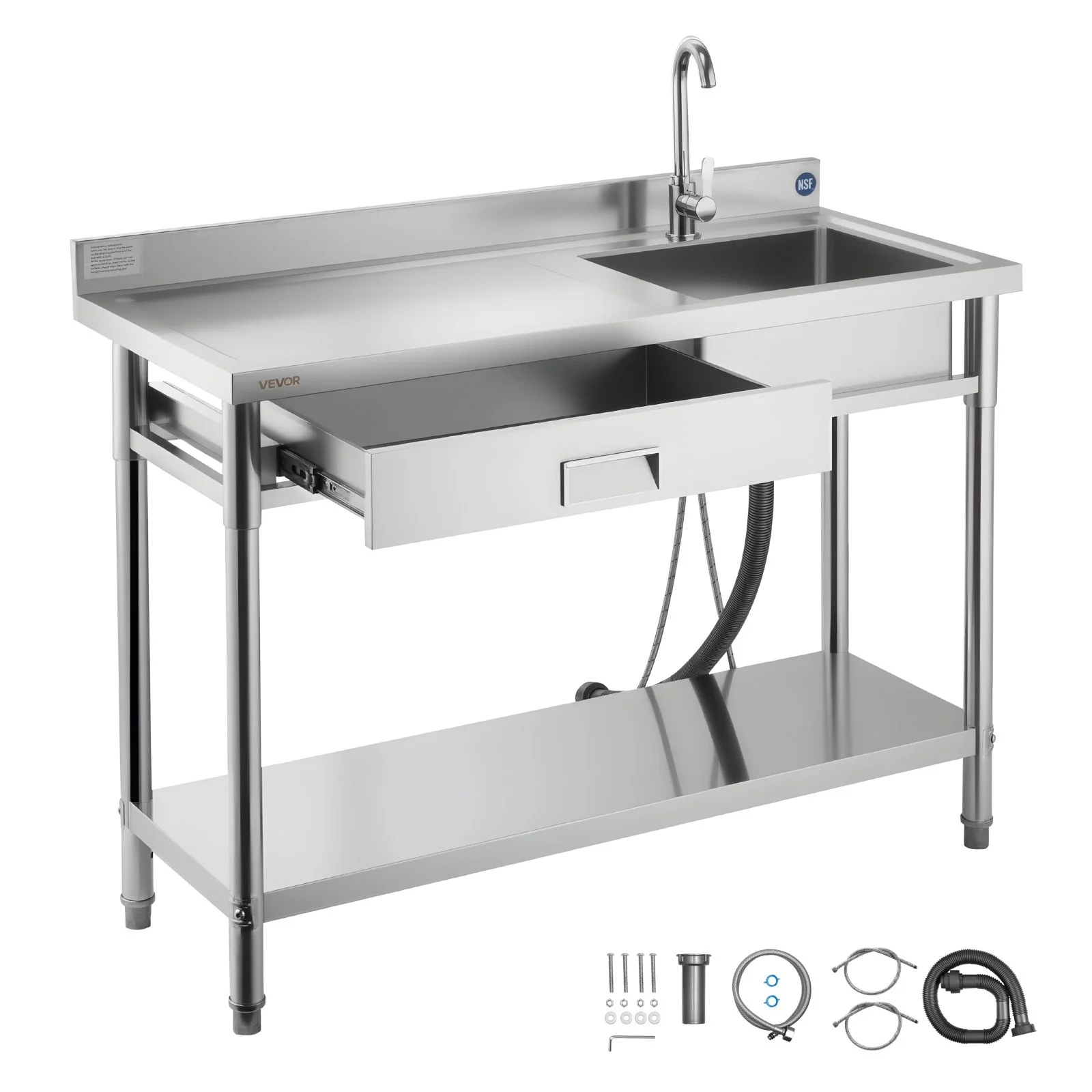Stainless Steel Utility Sink, Rolling Single Bowl Commercial Kitchen Sink with Drawer, Faucet and Hot & Cold Water Pipe, Utility Basin for Garage, Restaurant, Laundry, 47.2 x 19.7 x 37 in