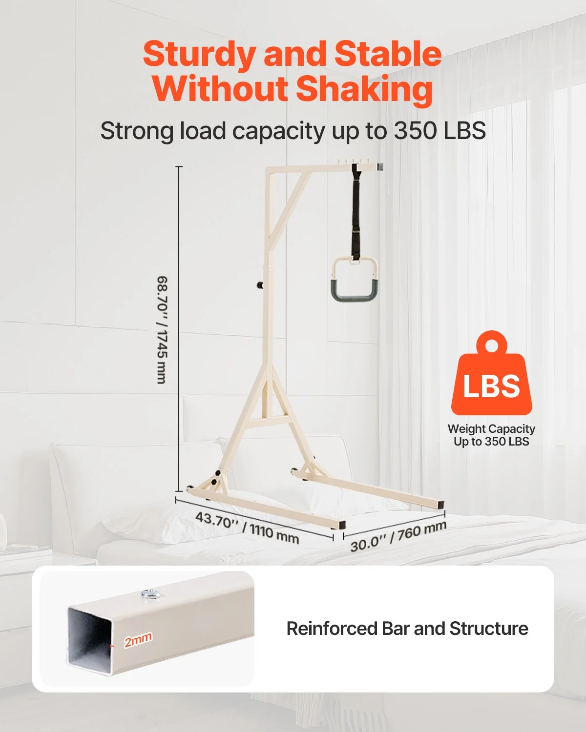 Trapeze Bar for Bed Mobility, Height-Adjustable Bed Trapeze with 2 Casters, 350LBS Weight Capacity Heavy Duty Pull Up Trapeze Bar with Floor Stand for Elderly, Disabled, Bedridden Patients - Image 7