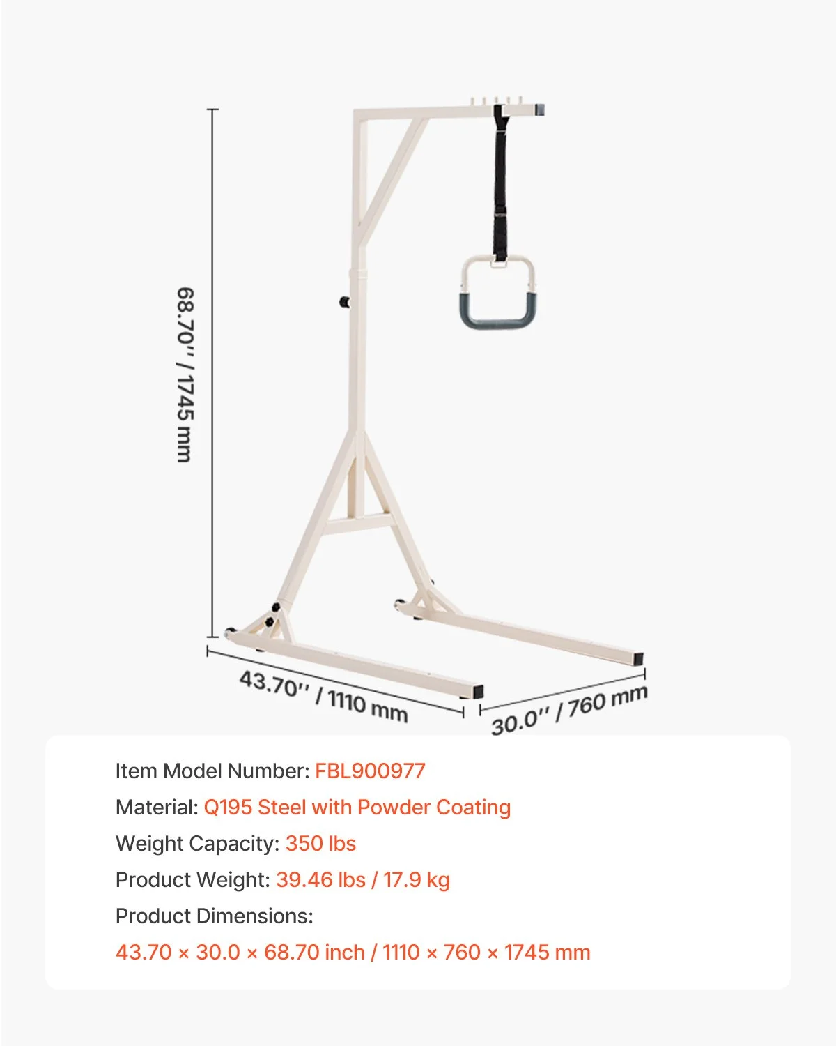 Trapeze Bar for Bed Mobility, Height-Adjustable Bed Trapeze with 2 Casters, 350LBS Weight Capacity Heavy Duty Pull Up Trapeze Bar with Floor Stand for Elderly, Disabled, Bedridden Patients - Image 5