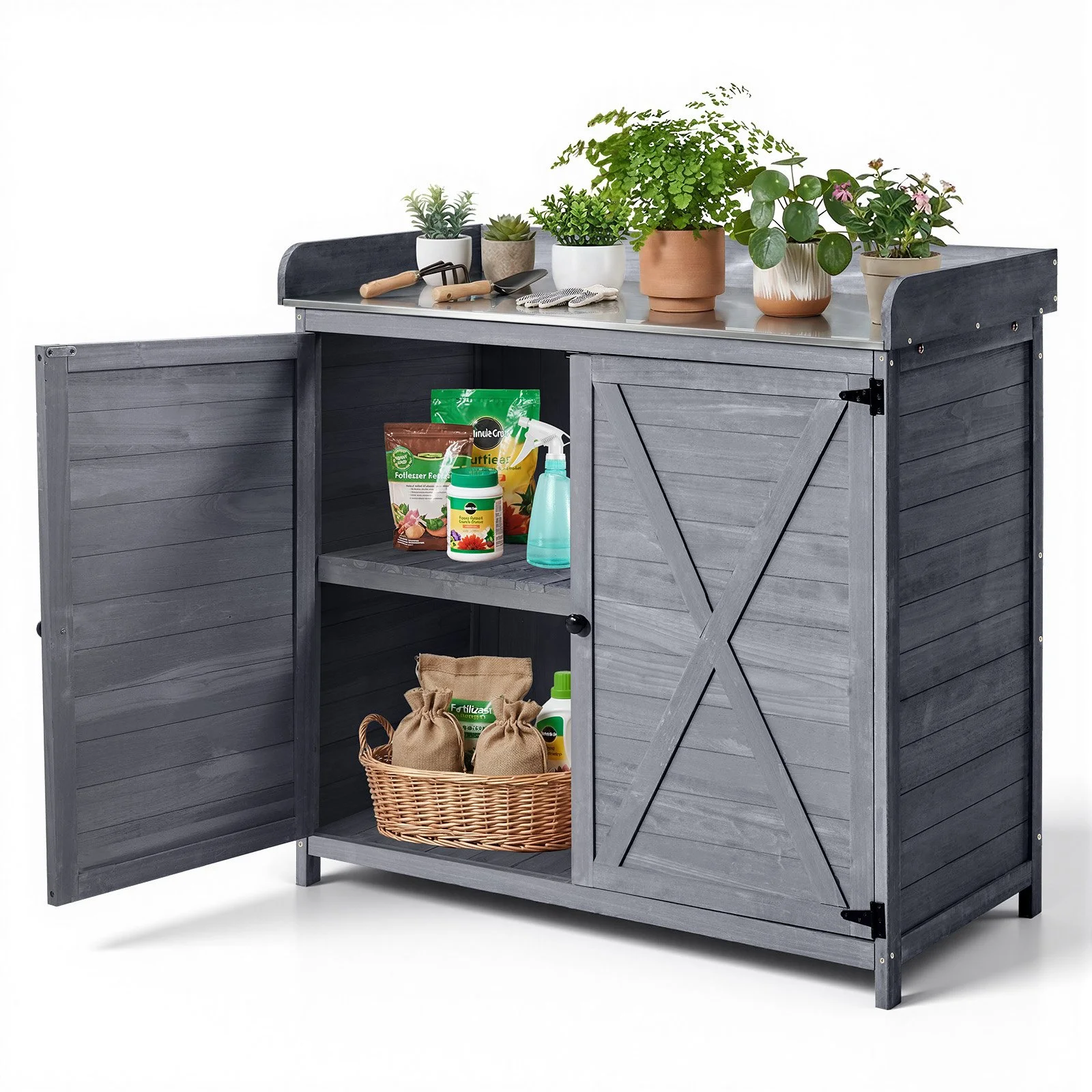 Potting Bench Table, Outdoor Gardening Wooden Storage Cabinet with 39 x 19 in Wood Tabletop, Garden Planting Workstation with Large Storage Space for Patio, Backyard, Gray
