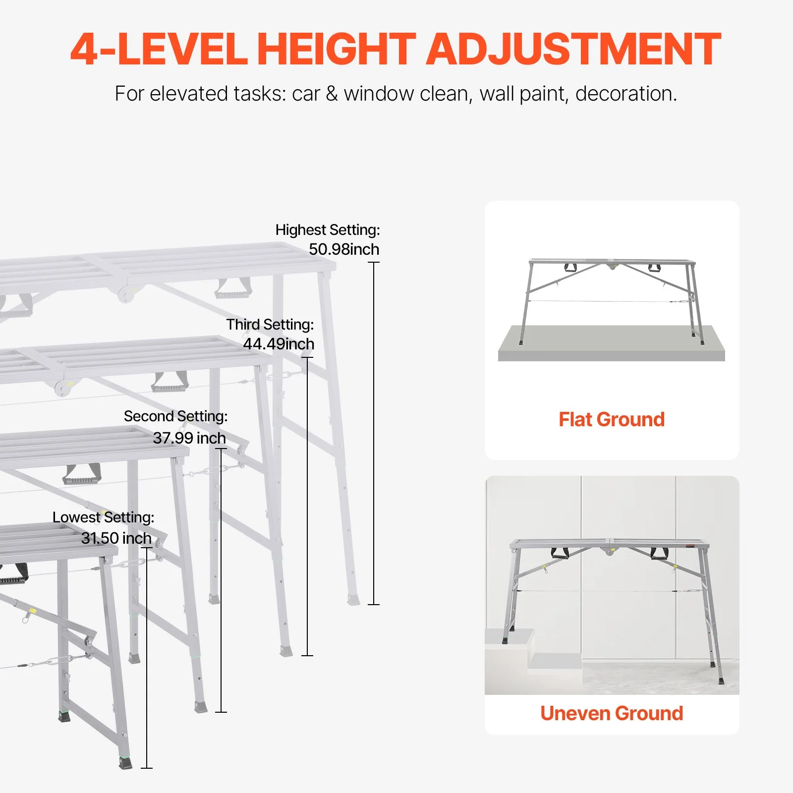 Work Platform, 4 Gear Adjustable Height, Folding Alloy Steel Step Ladder, Portable Scaffolding Platform, 800 lb Load Capacity, Non-Slip Rubber Feet, Drywall Painting Stool, Cleaning & Washing - Image 4