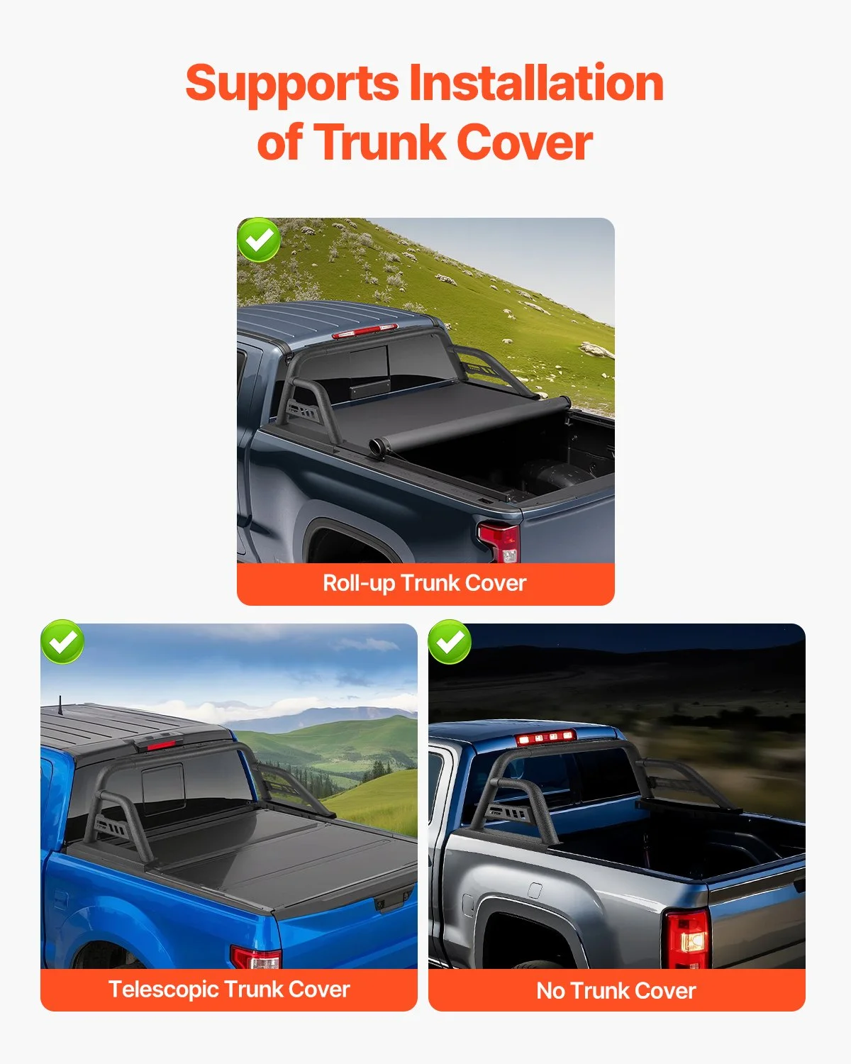 Truck Bed Roll Bar, Universal Pickup Sport Adjustable Bar Chase Rack Compatible with Mid-Size Truck, Carbon Steel Construction with Extension Light Bracket, No Rack Included - Image 3