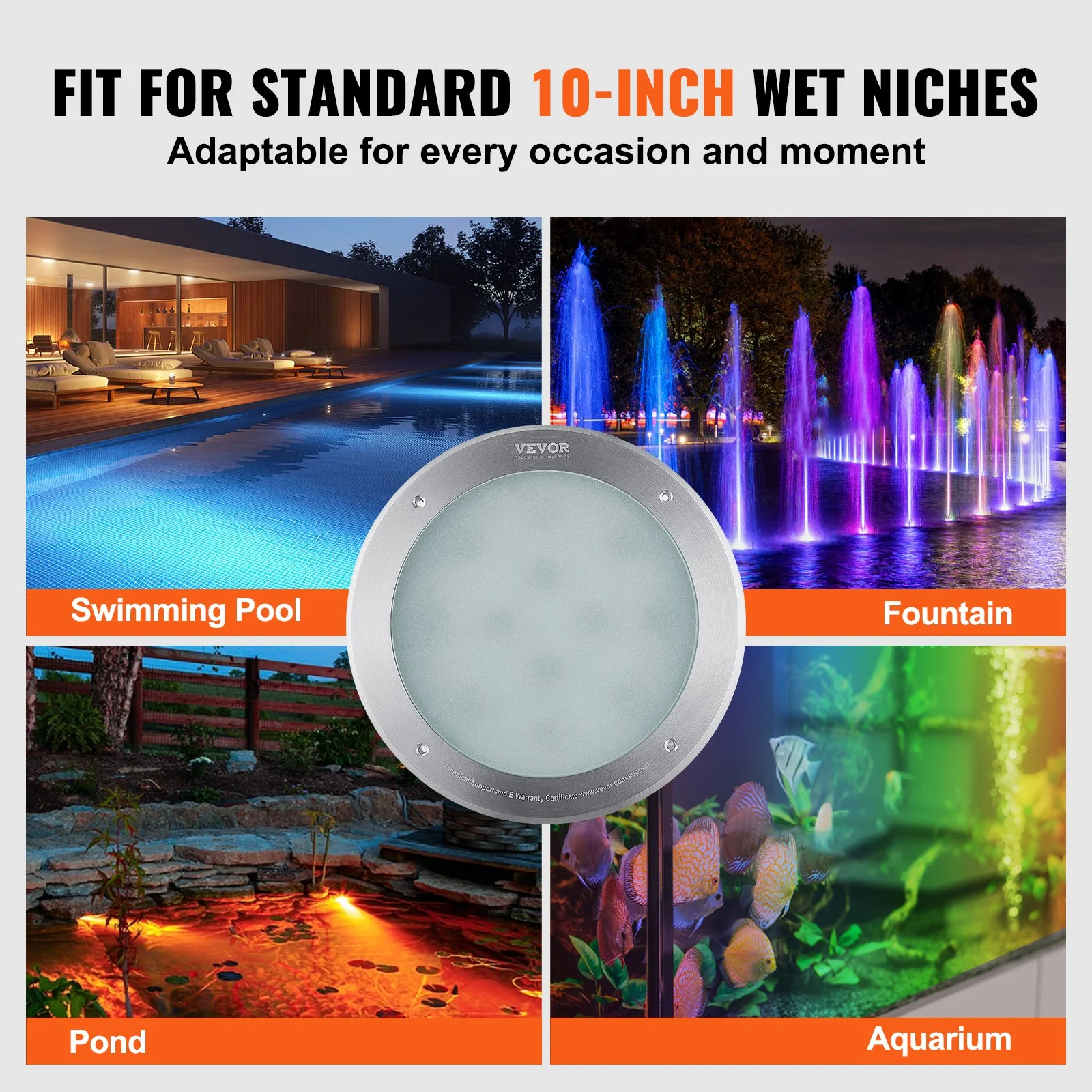 12V LED Pool Illumination, 10" Diameter 40W, Multi-Color RGBW, Submersible Light for Pools & Spas, Includes 50 FT Cable & Remote, Suitable for 10" Wet Niches, IP68 - Image 7