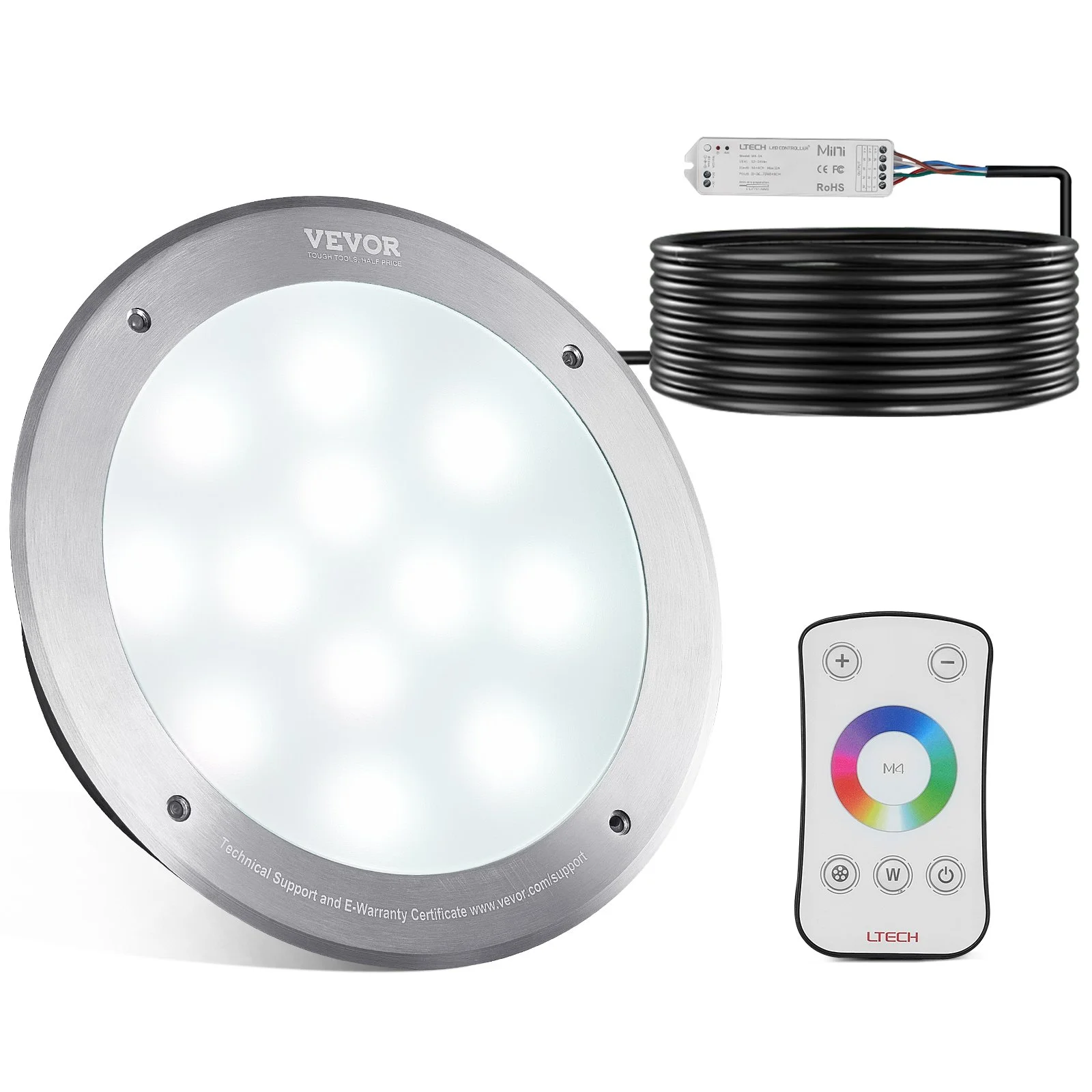 12V LED Pool Illumination, 10" Diameter 40W, Multi-Color RGBW, Submersible Light for Pools & Spas, Includes 50 FT Cable & Remote, Suitable for 10" Wet Niches, IP68