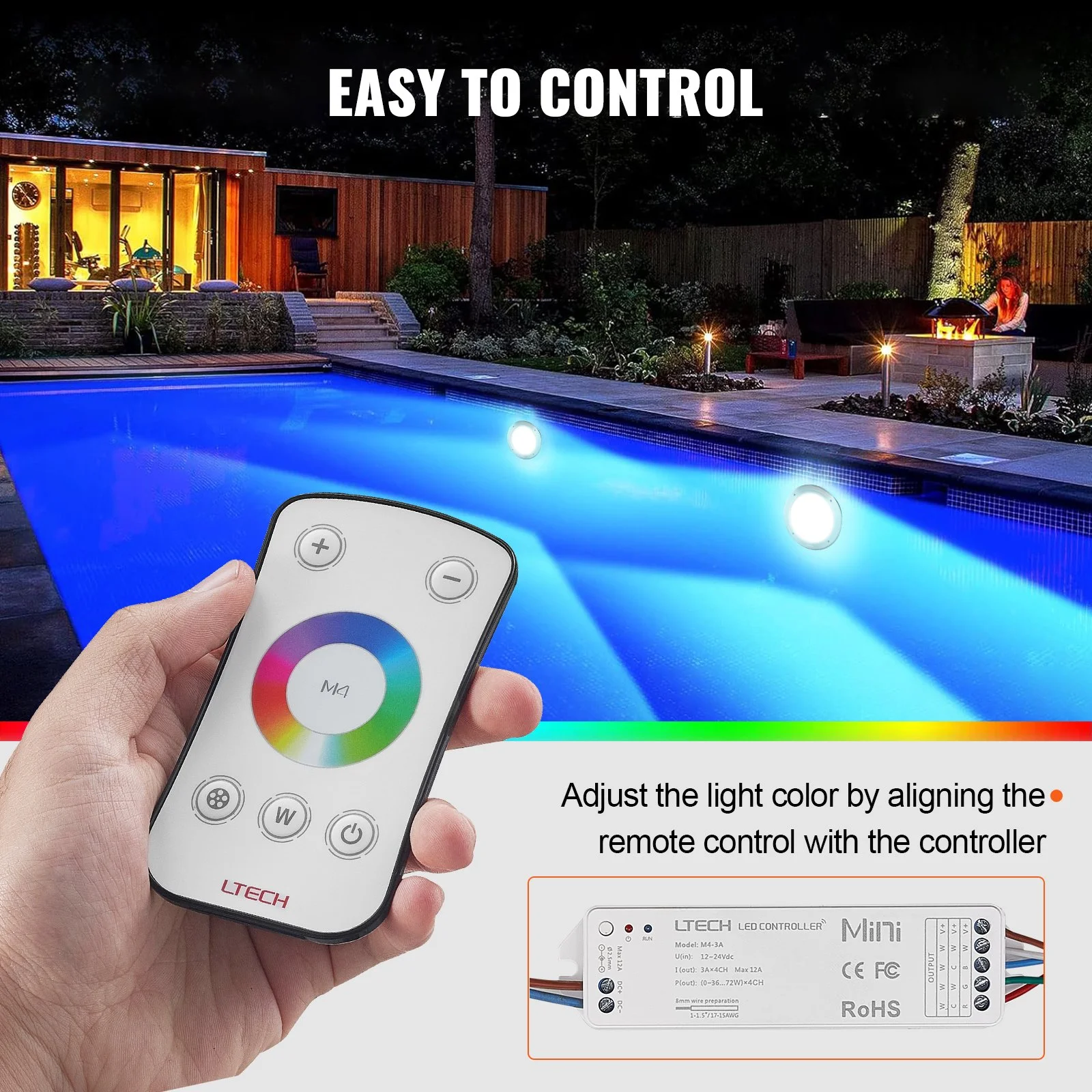 12V LED Pool Illumination, 10" Diameter 40W, Multi-Color RGBW, Submersible Light for Pools & Spas, Includes 50 FT Cable & Remote, Suitable for 10" Wet Niches, IP68 - Image 4
