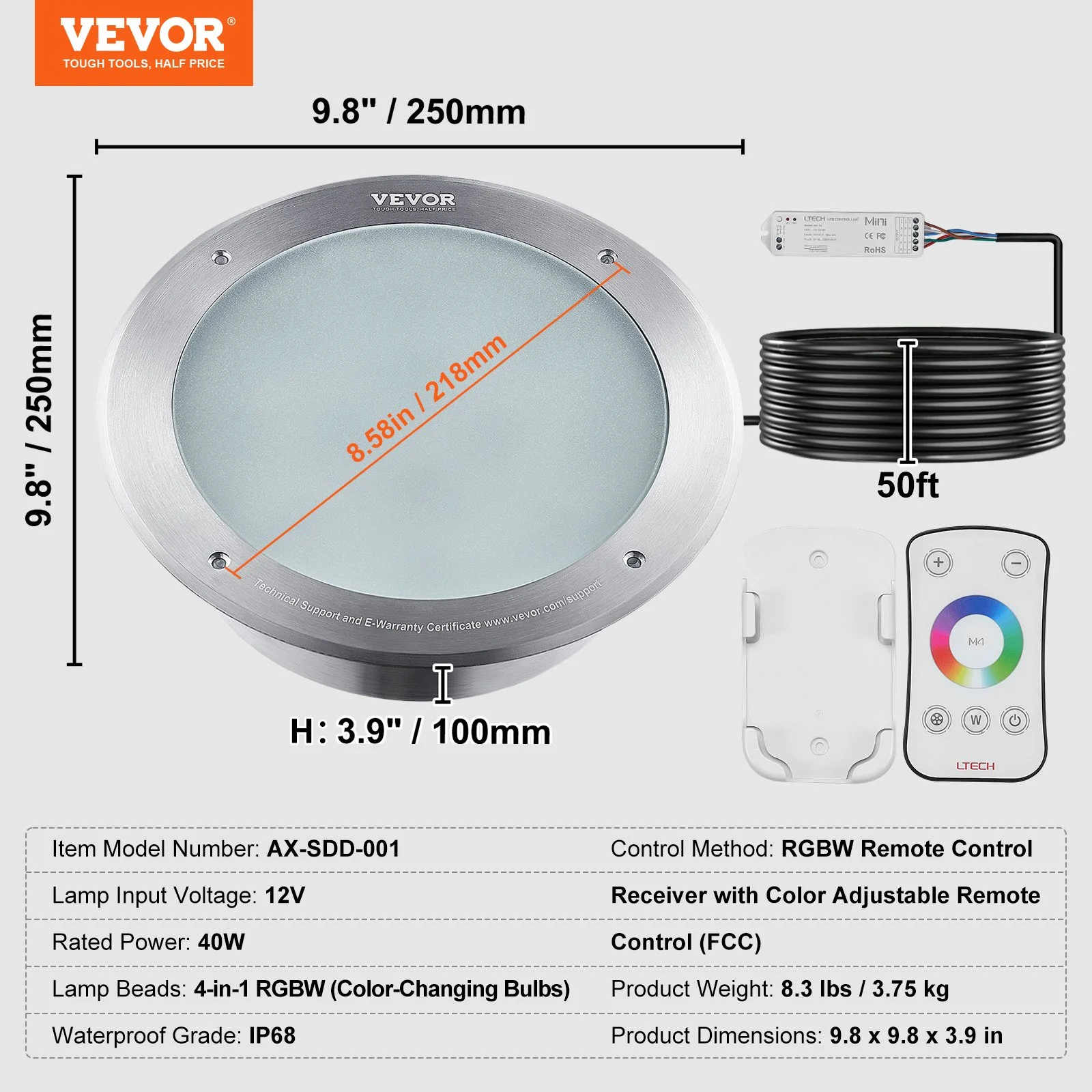 12V LED Pool Illumination, 10" Diameter 40W, Multi-Color RGBW, Submersible Light for Pools & Spas, Includes 50 FT Cable & Remote, Suitable for 10" Wet Niches, IP68 - Image 8