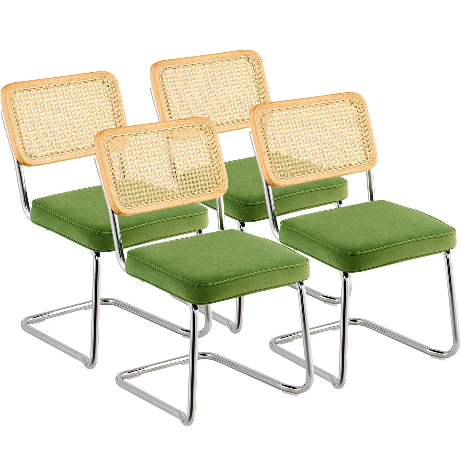 Rattan Dining Chairs Set of 4, Mid Century Modern Dining Chair, Upholstered Velvet Accent Chair with Rattan Back, Retro Dining Room Kitchen Chair for Living Room, Bedroom, Office (18.1 Inch)