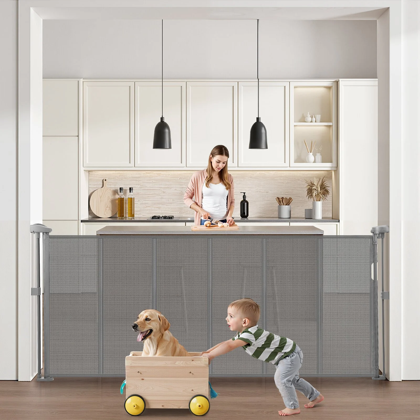 Retractable Baby Gate, 34 inch Tall, Extends up to 71 inch Wide, Retractable Gate for Kids or Pets, Mesh Material, Easy to Install for Indoor Stairs, Doorways, Hallways, Playrooms, Gray