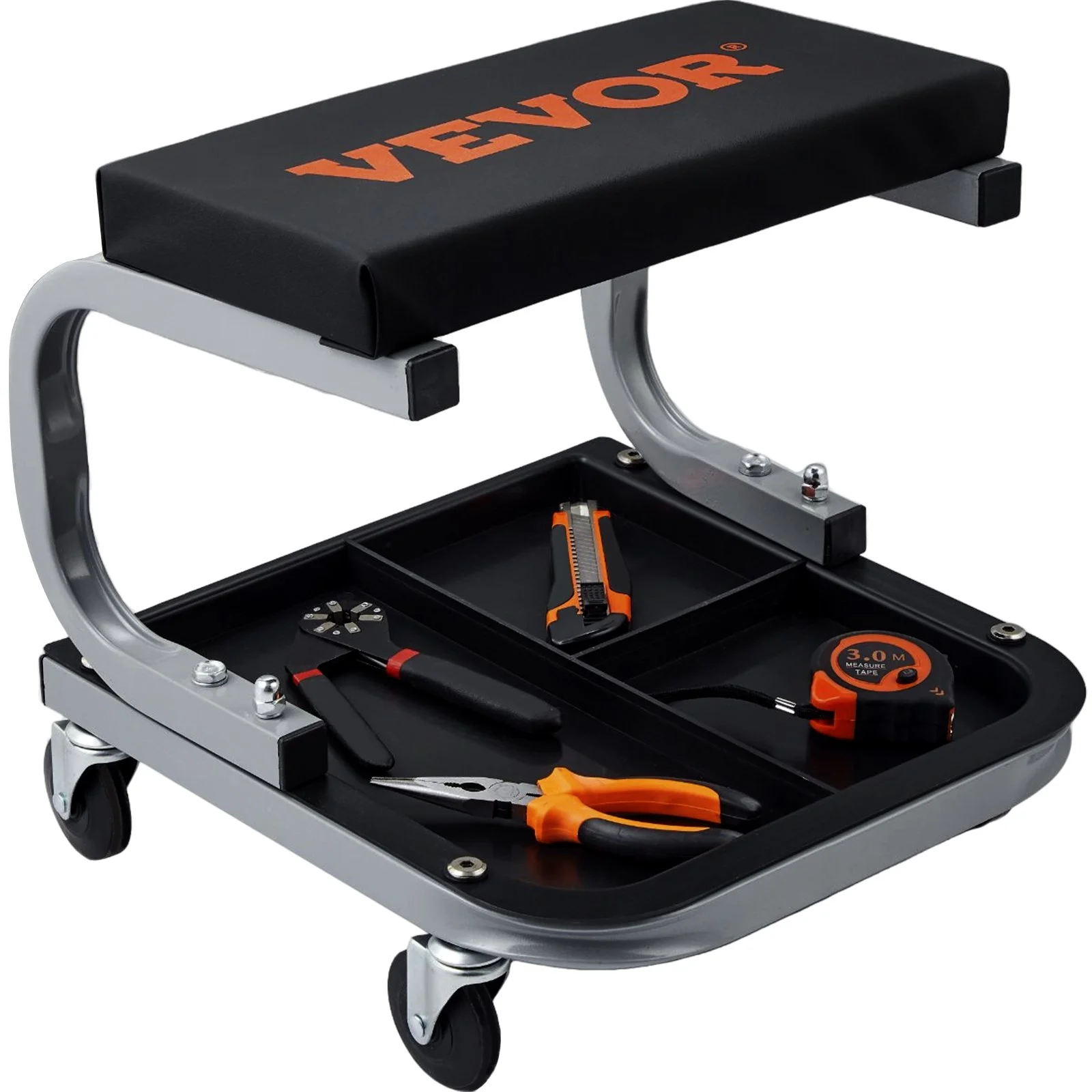 Rolling Creeper Garage/Shop Seat, 250 LBS Capacity Padded Rolling Workshop Stool with Tool Tray Storage, Mechanic Stool for Garage, Shop, Auto Repair, Black