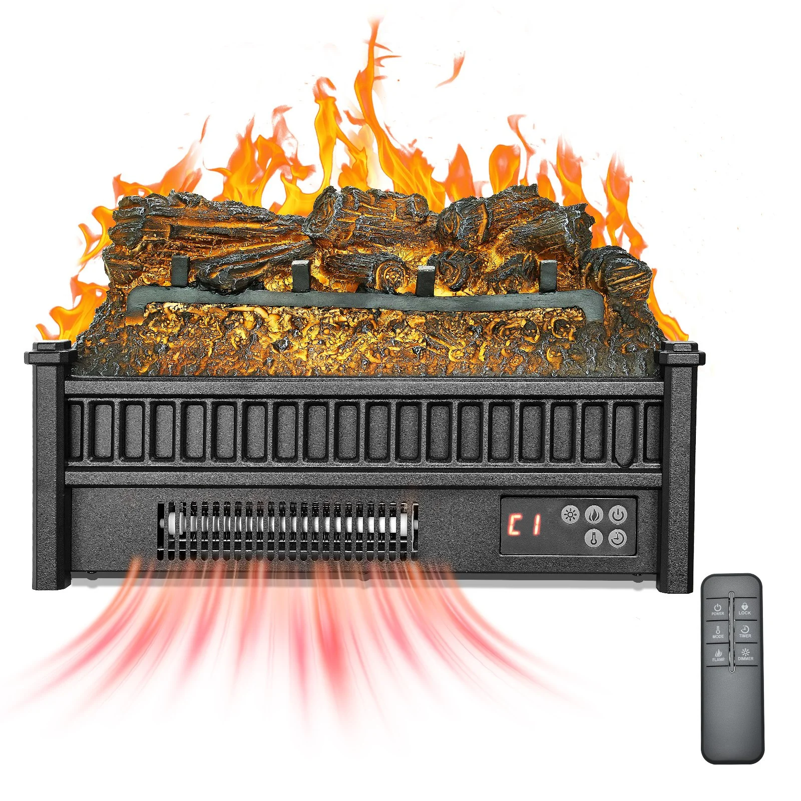 Electric Fireplace Log, 20 inch Fireplace Insert Log Heater, with Remote Controller, 5 Adjustable Flame Brightness, 24H Timer, Overheat Protection, Thermostat, for Home and Office Decor Black