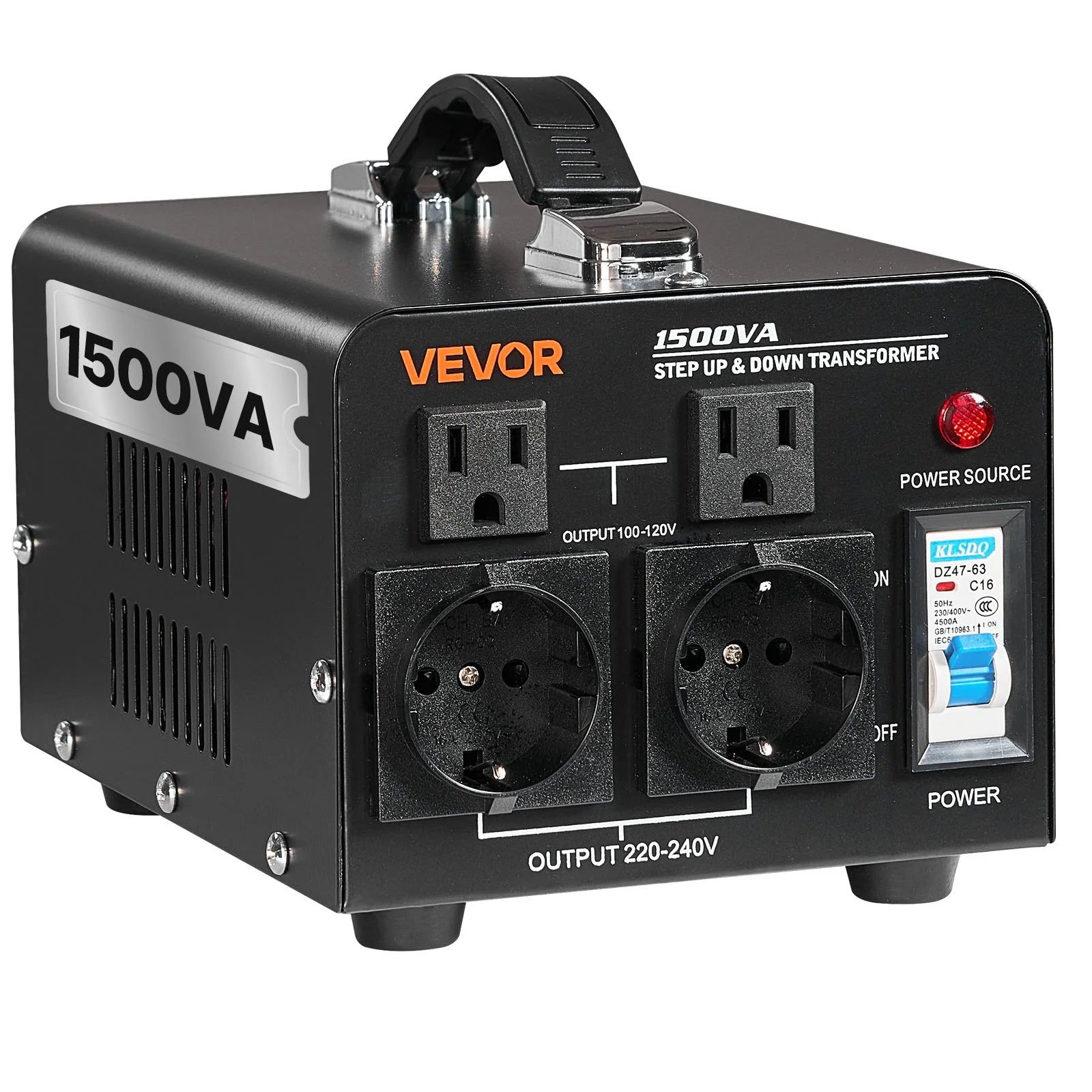Voltage Converter Transformer, 1500VA, Heavy Duty Step Up/Down Power Transformer, Convert from 110V to 220V and 220V to 110V, with US Outlets, EU Outlets, Power Cord, Circuit Breaker Protection