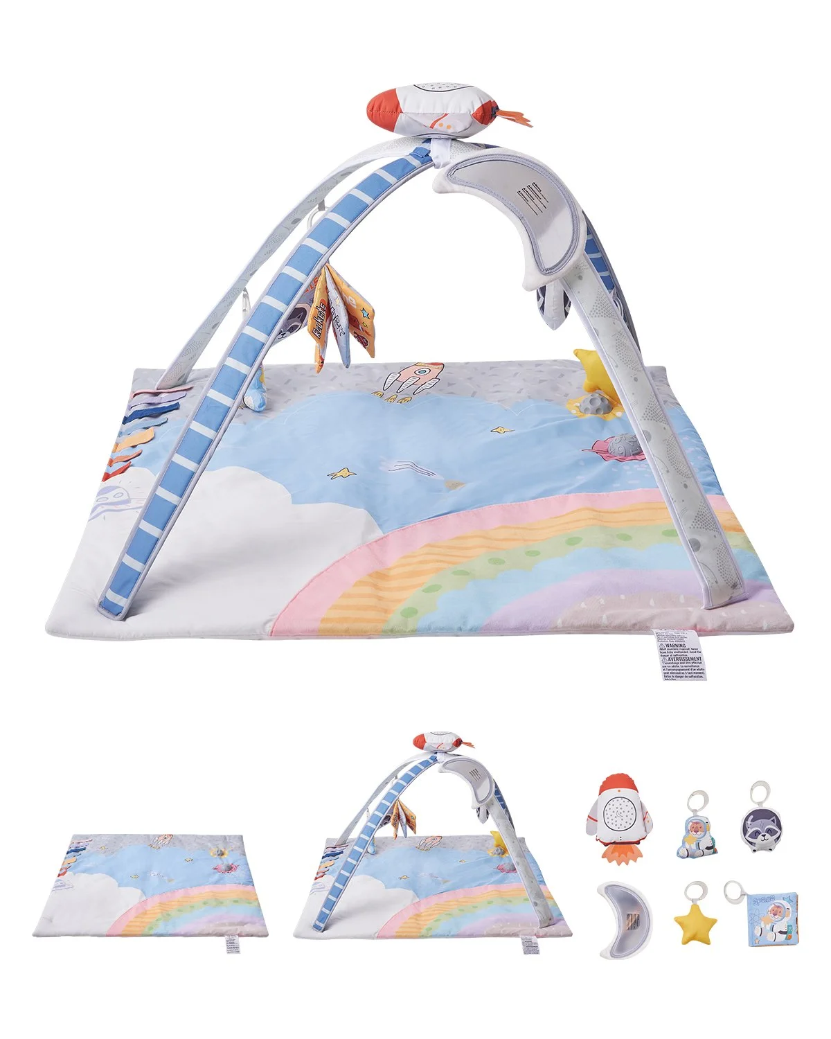 Baby Play Gym Mat, Tummy Time Mat with 6 Sensory Toys, Baby Activity Mat with Light-up Musical Rocket Toy for 0-18 Month Newborn Infant, Baby Essential Gift for Sensory & Motor Skill Development