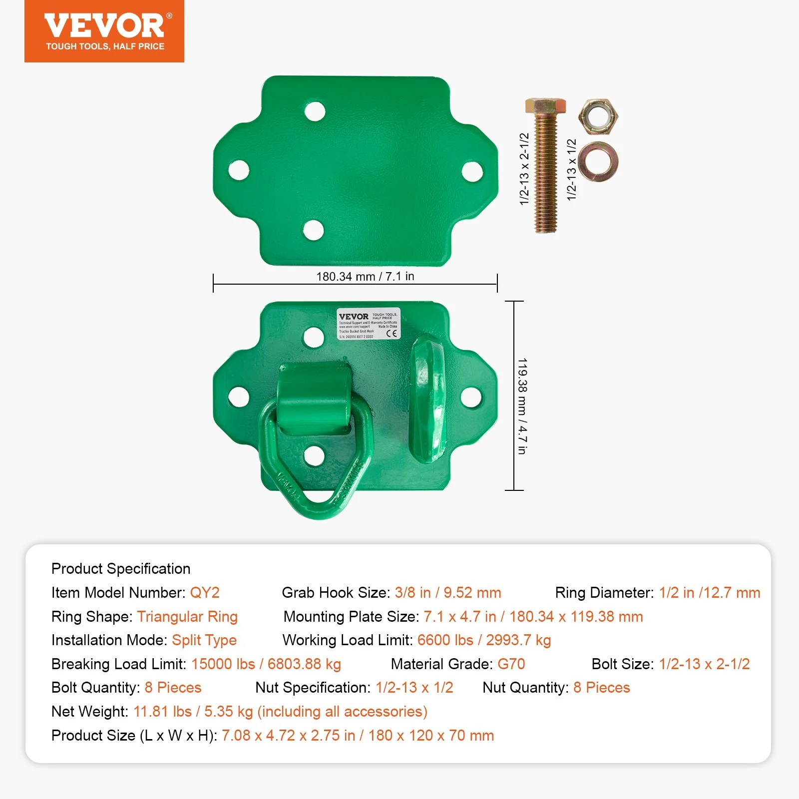 3/8" Tractor Bucket Hooks with Tie Down Ring, Grade 70 Forged Steel 2 Pack Bolt-On Grab Hook with Back Plates Compatible for Tractor Bucket RV UTV Truck Maximum Break Strength 15,000 lbs, Green - Image 10