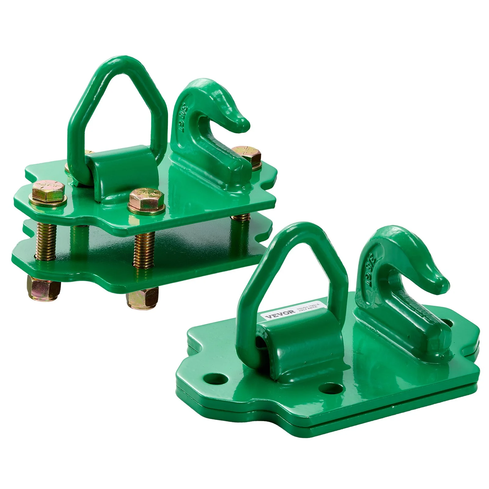 3/8" Tractor Bucket Hooks with Tie Down Ring, Grade 70 Forged Steel 2 Pack Bolt-On Grab Hook with Back Plates Compatible for Tractor Bucket RV UTV Truck Maximum Break Strength 15,000 lbs, Green