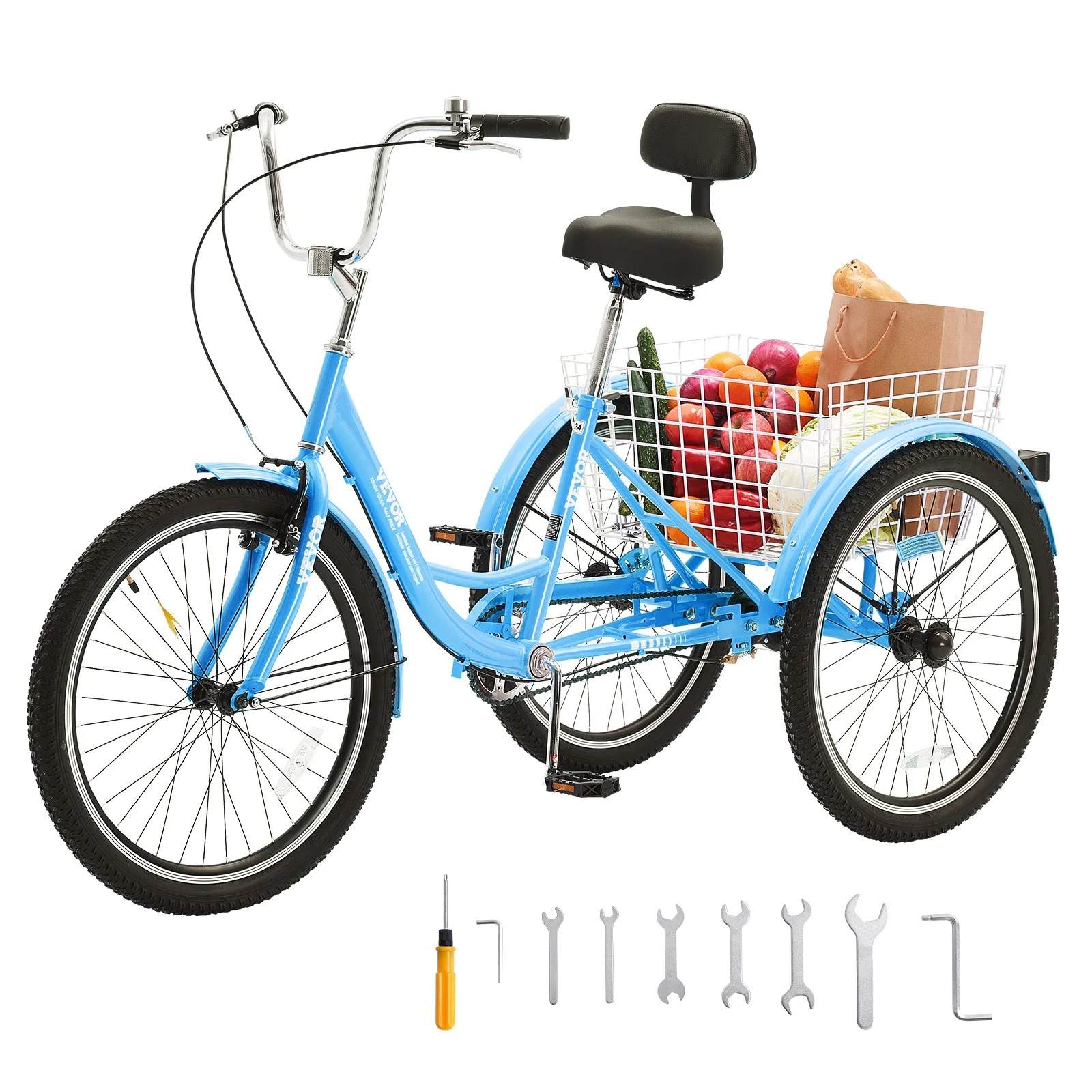 Adult Tricycles Bike, 26 Inch Three-Wheeled Bicycles, 3 Wheel Bikes Trikes, Carbon Steel Cruiser Bike with Basket & Adjustable Seat, Picnic Shopping Tricycles for Seniors, Women, Men (Blue)
