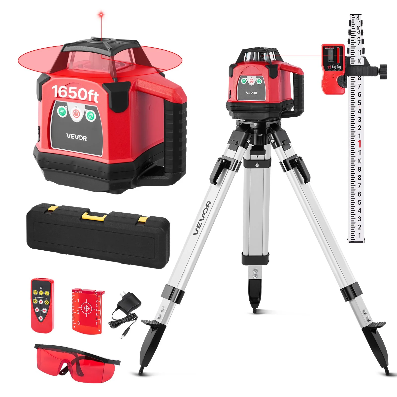 Rotary Laser Level Kit, 1650ft 360-Degree Self Leveling Red Horizontal Laser Transit,with Heavy-duty Tripod, Receiver, Remote Control, Toolcase, IP54 Waterproof, 0.06 in/100 ft for Construction
