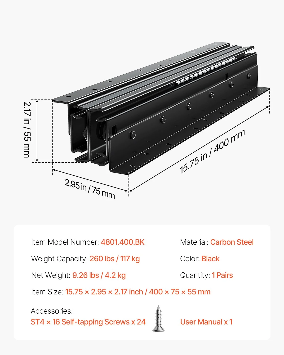 Undermount Drawer Slides, 16 inch, Full Extension Ball Bearing Under Stair Cabinet Rails, 260 LB Load Capacity Heavy Duty Bottom Stair Cabinet Glides Track Runners,for DIY Replacement, Black - Image 7