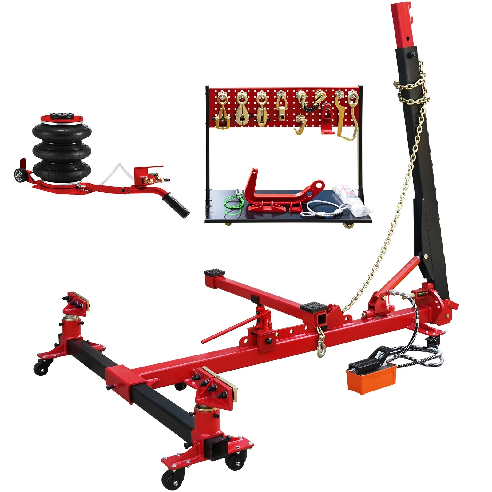 Car Frame Puller Set, 6 Ton PSI Air Pump Frame Puller, 10000 PSI Foot-Operated Hydraulic Pump, 3 Ton Air Bag Jack, Auto Body Frame Straightener, with Double-Head Clamps And Casters