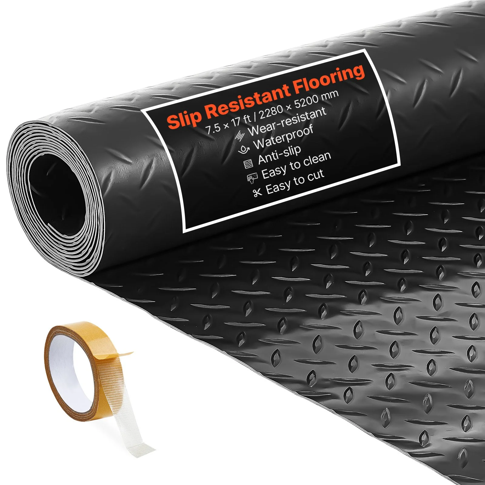 Garage Floor Roll, 7.5 x 17 ft Garage Flooring Mat, 2.2 mm Thickened PVC Diamond Plate Floor Protector Mat with Double-sided Tape, Non-Slip, Easy to Clean for Warehouse, Gyms, Trailer, Black