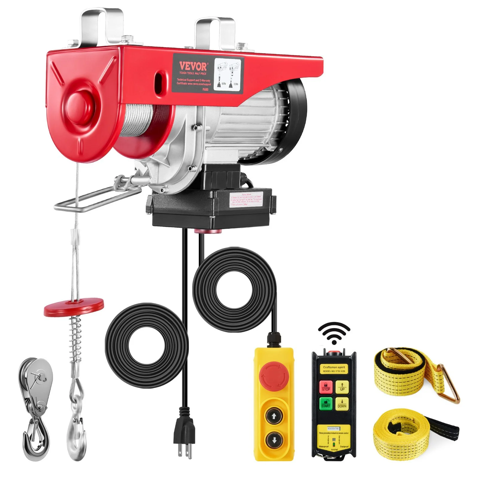 Electric Hoist, 1320 lbs 120V Electric Winch with 328 ft Wireless & 14 ft Wired Remote Control, 40 ft Single Cable Lifting Height, Single/Double Slings, Lift Hoist for Garage Warehouse Factory