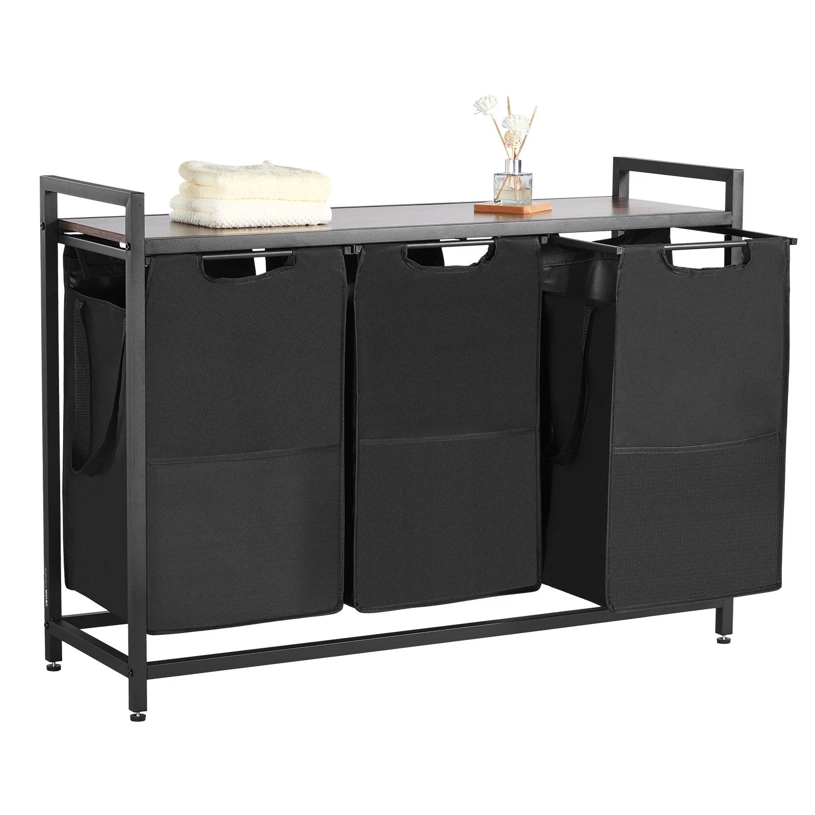 3 Section Laundry Sorter, Large Laundry Hamper with Metal Frame and Wooden Tabletop, Freestanding Storage Organizer Baskets with Pull-Out 600D Oxford Cloth Bags for Dirty Clothes, Bathroom