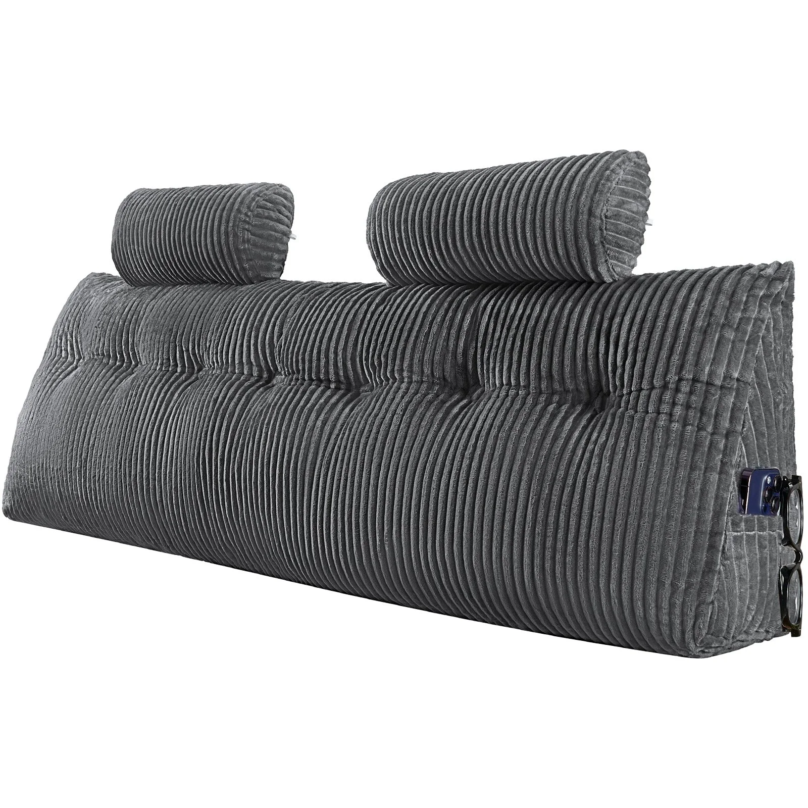 Headboard Pillow, King Size Wedge Headboard Pillow with 2 Side Pockets and 2 Headrests, Bed Wedge Pillow with Washable Flannel Cloth, for Reading, Gaming, Resting, Working in Bed, Grey