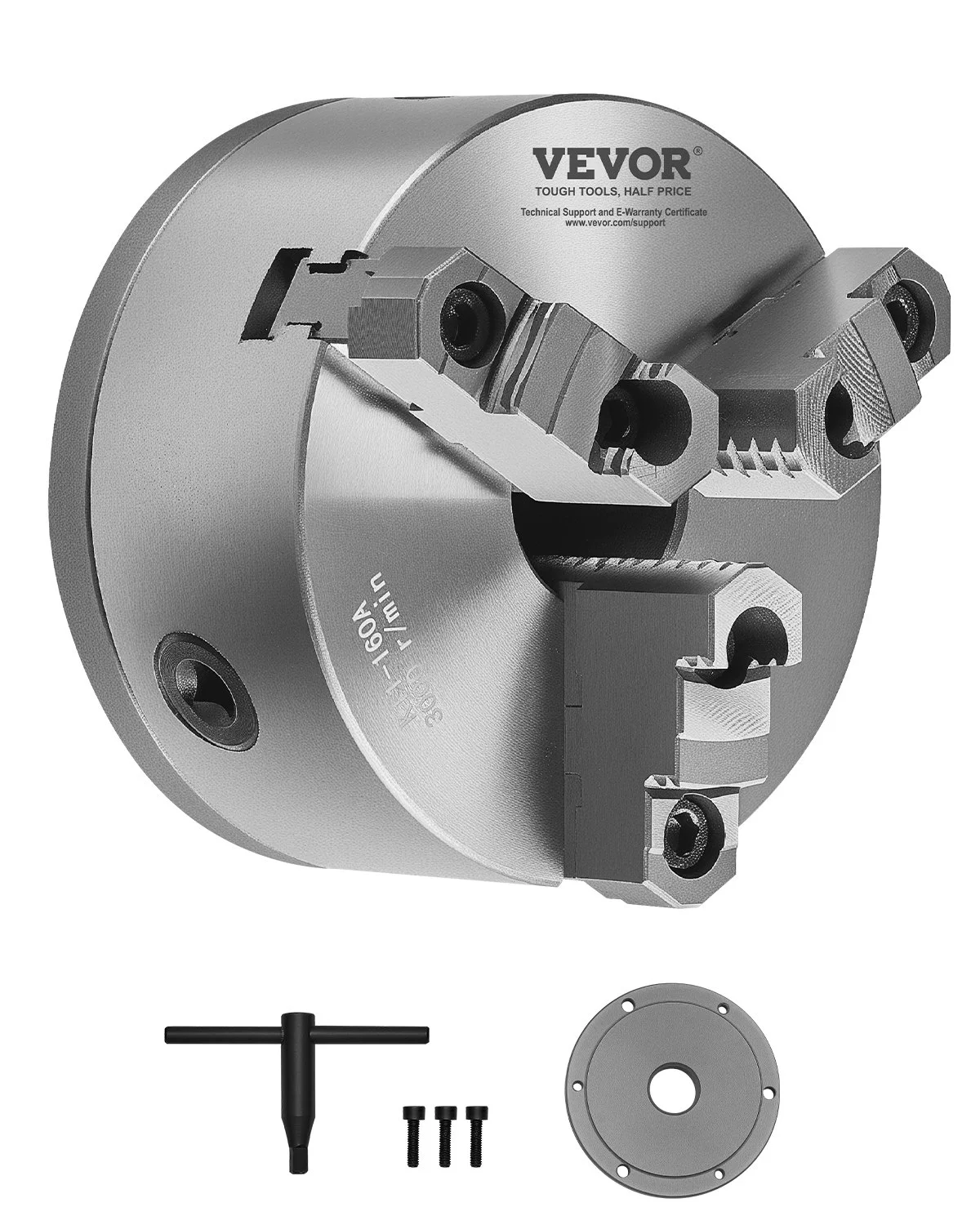 3-Jaw Lathe Chuck, 6 Inch (160 mm), Self-Centering Chuck with 1 1/2 in-8 Threaded Backing Plate, 0.12-5.71 in (3-145 mm) Clamping Range with T-wrench Screws, HT300 Material, for Wood Metal Lathe
