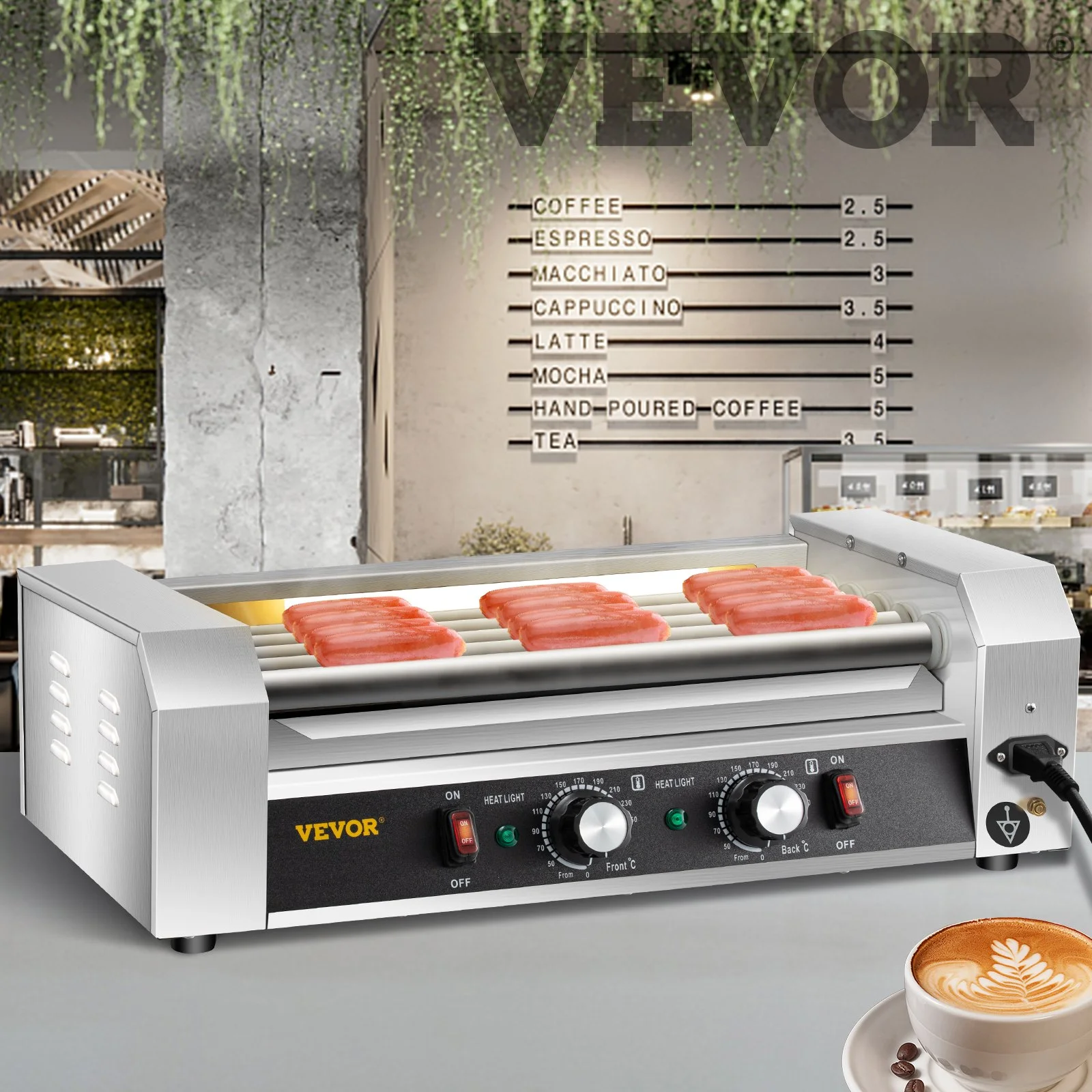 Hot Dog Roller, 12 Hot Dog Capacity 5 Rollers, 750W Stainless Steel Cook Warmer Machine with Dual Temp Control, LED Light and Detachable Drip Tray, Sausage Grill Cooker for Kitchen Restaurant - Image 5