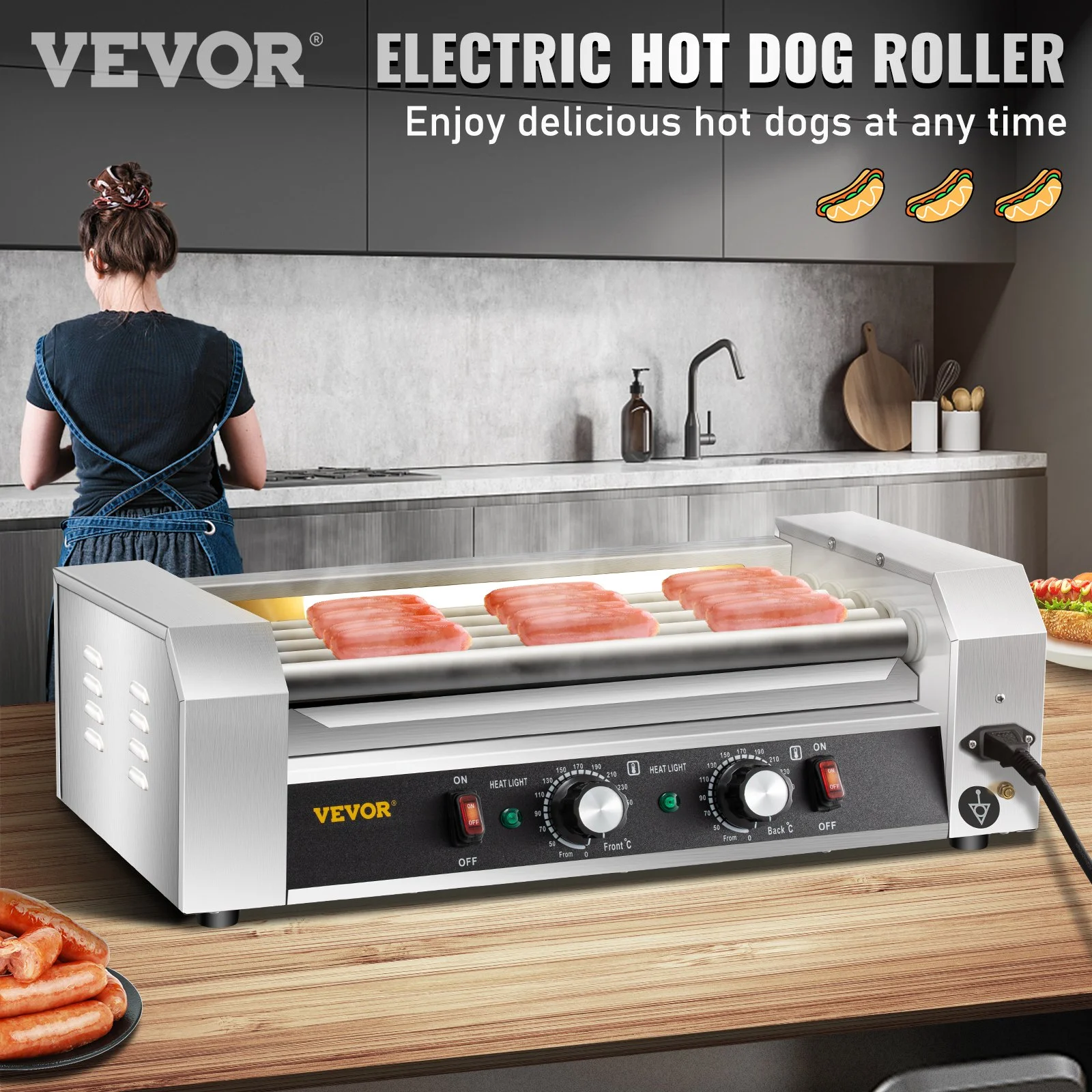Hot Dog Roller, 12 Hot Dog Capacity 5 Rollers, 750W Stainless Steel Cook Warmer Machine with Dual Temp Control, LED Light and Detachable Drip Tray, Sausage Grill Cooker for Kitchen Restaurant - Image 10