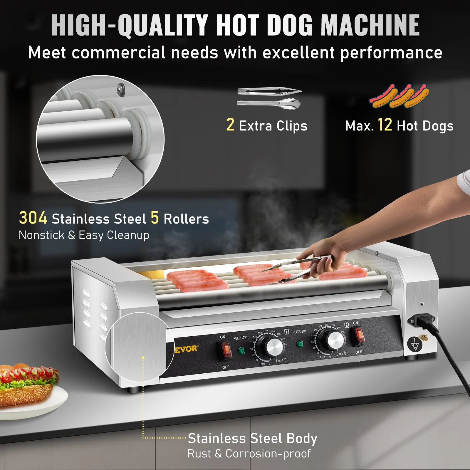 Hot Dog Roller, 12 Hot Dog Capacity 5 Rollers, 750W Stainless Steel Cook Warmer Machine with Dual Temp Control, LED Light and Detachable Drip Tray, Sausage Grill Cooker for Kitchen Restaurant - Image 11