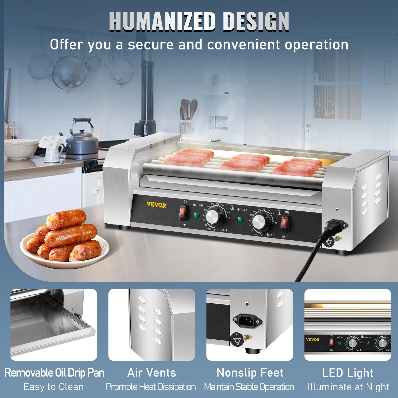 Hot Dog Roller, 12 Hot Dog Capacity 5 Rollers, 750W Stainless Steel Cook Warmer Machine with Dual Temp Control, LED Light and Detachable Drip Tray, Sausage Grill Cooker for Kitchen Restaurant - Image 3