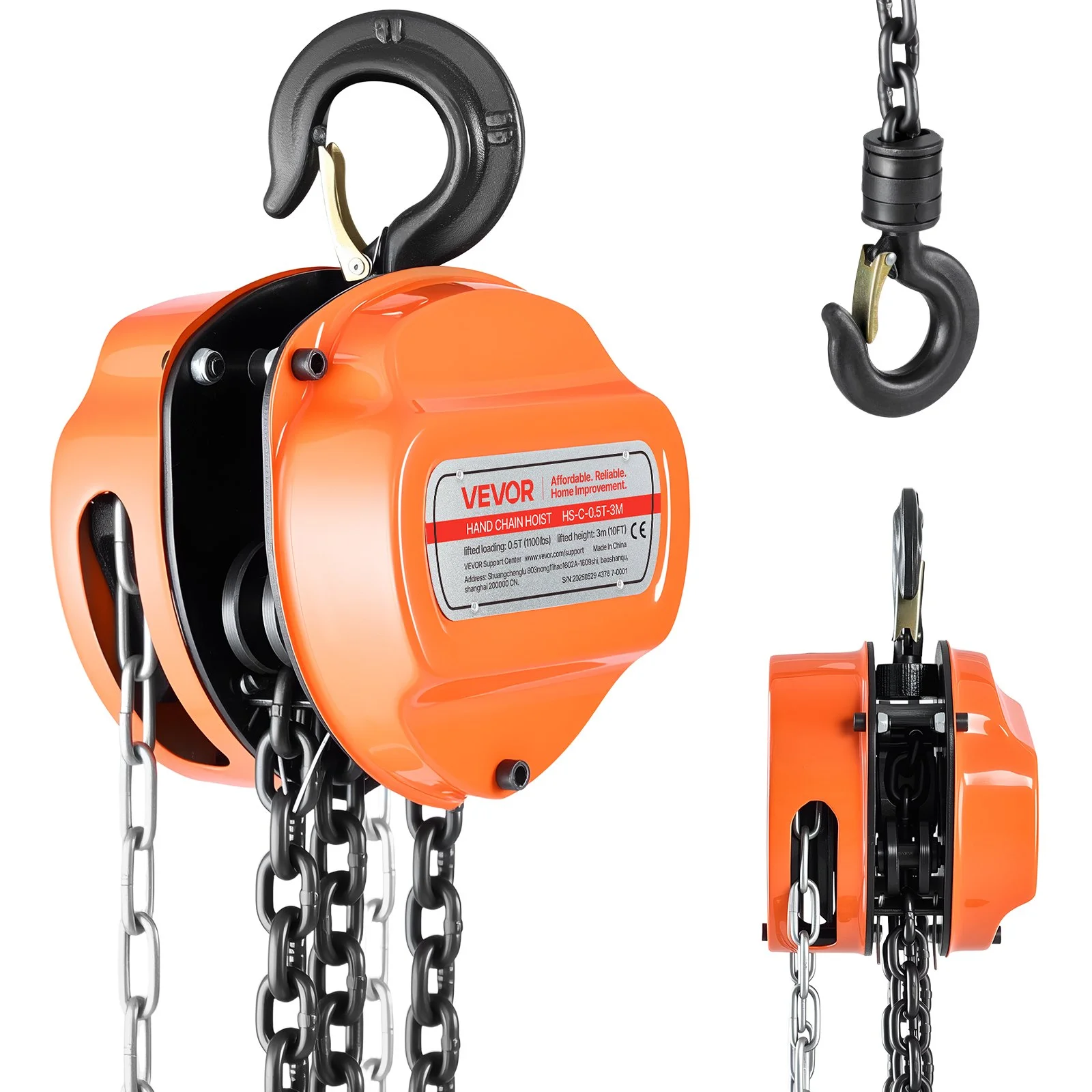 Hand Chain Hoist, 1/2 Ton 1100 lbs Capacity, Manual Chain Block with Upgrade G80 Galvanized Chain, 10 ft Lifting Height, Heavy Duty Pulley Hoist for Garage Warehouse Automotive Machinery, Orange