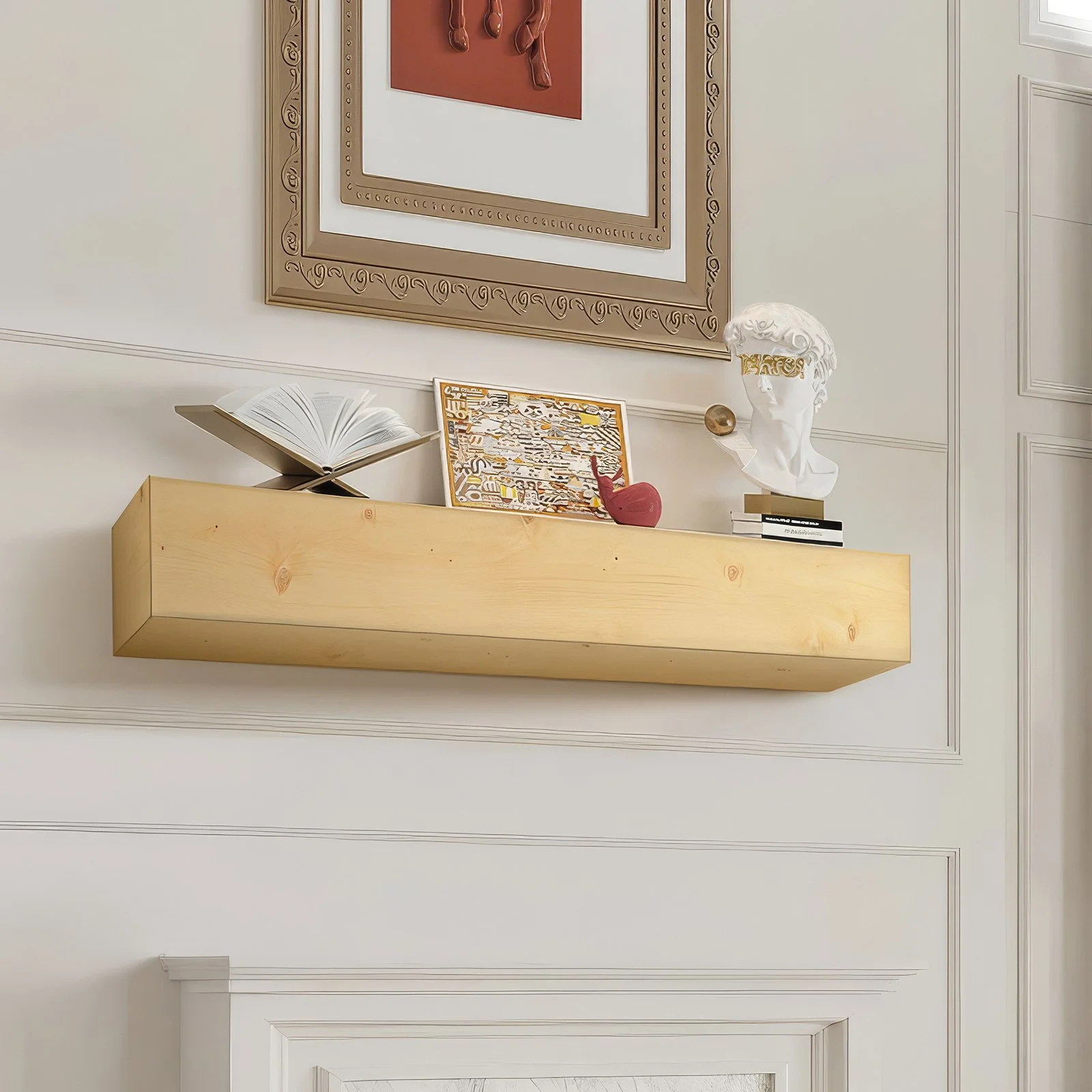 Fireplace Mantel, 60" x 8" x 6", 50 lbs Weight Capacity, Natural Wood Mantel for Over Fireplace, Wall Mounted Floating Farmhouse Shelf, Handcrafted Wood Mantel for Wall Decor, Rustic Natural