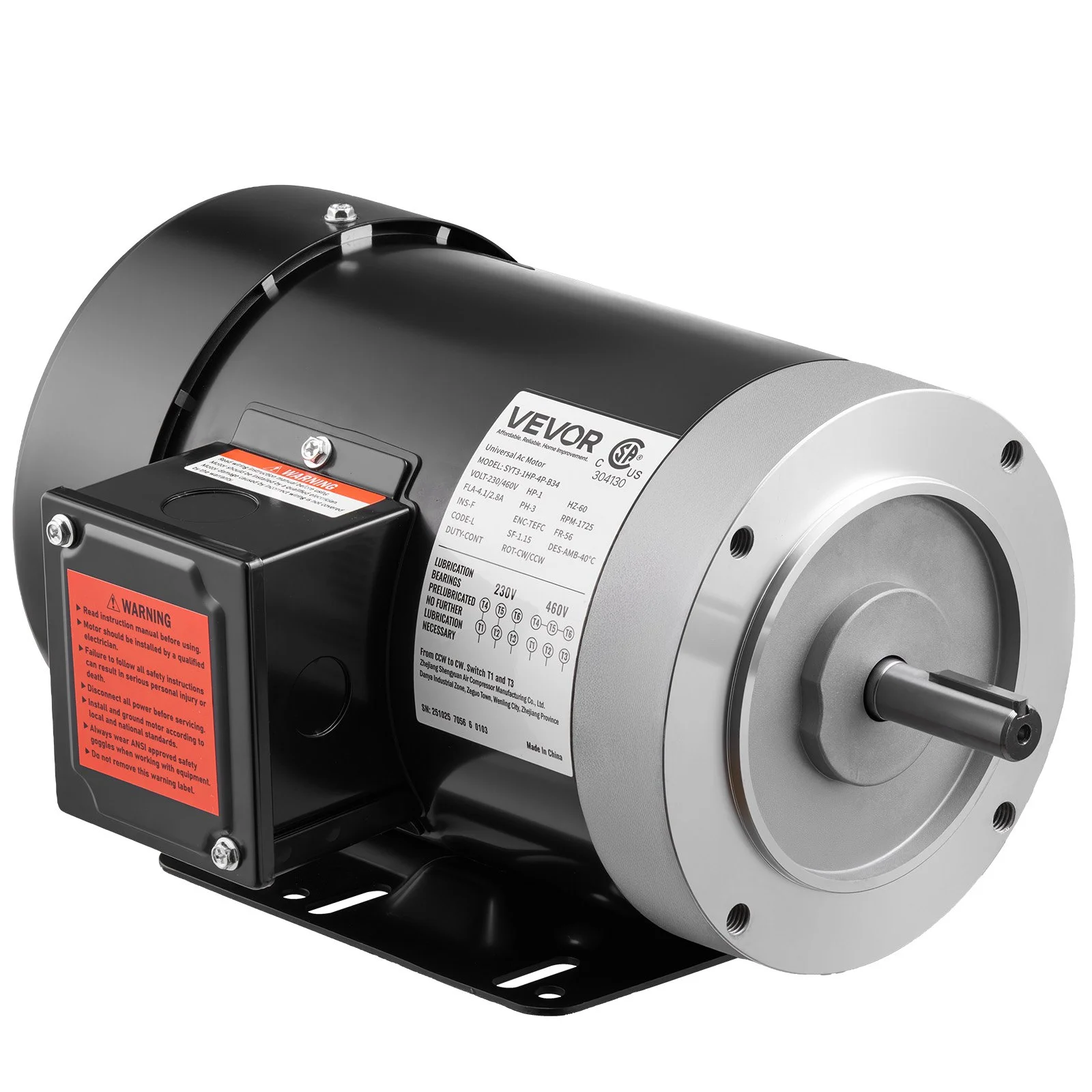 1 HP Electric Motor, 1725RPM Air Compressor Motor, CW/CCW Rotation, 5/8 inch Shaft Diameter, 1.88inch Shaft Length, 4.1N.m Torque, Three-Phase, TEFC Cooling, 230V/460V, 56C Frame