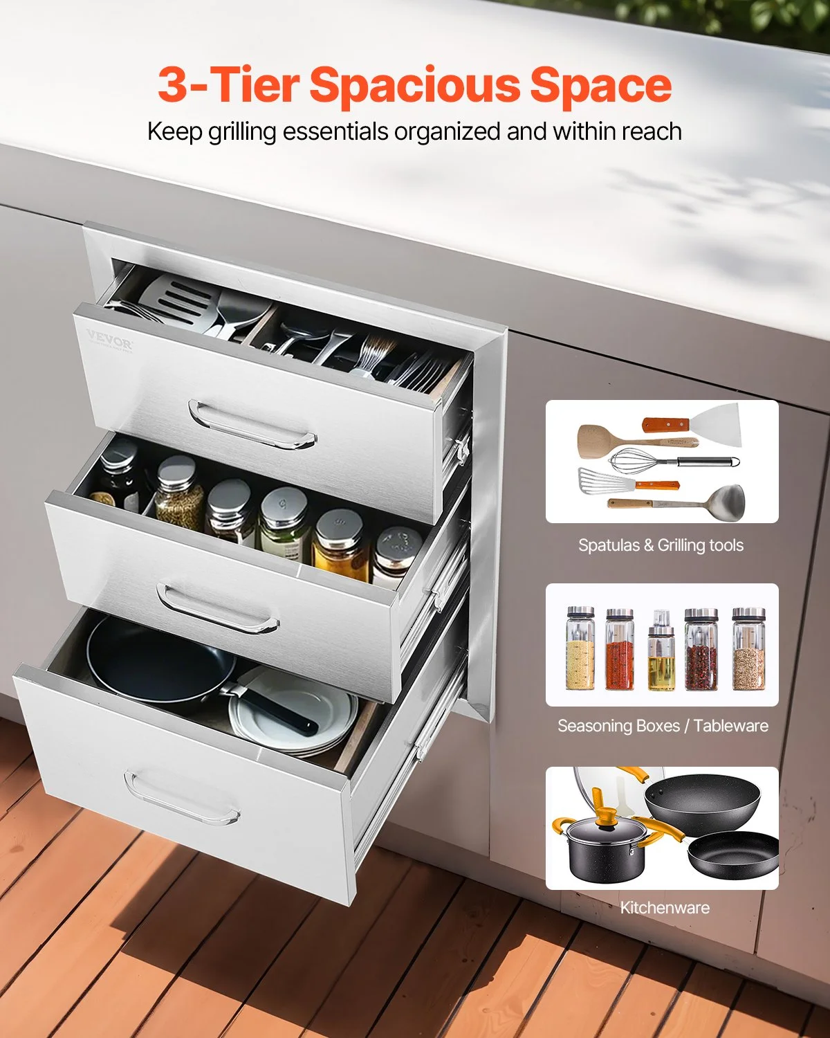 18x23 Inch Outdoor Kitchen Stainless Steel Triple Access BBQ Drawers with Chrome Handle, 18 x23 x 23 Inch - Image 5
