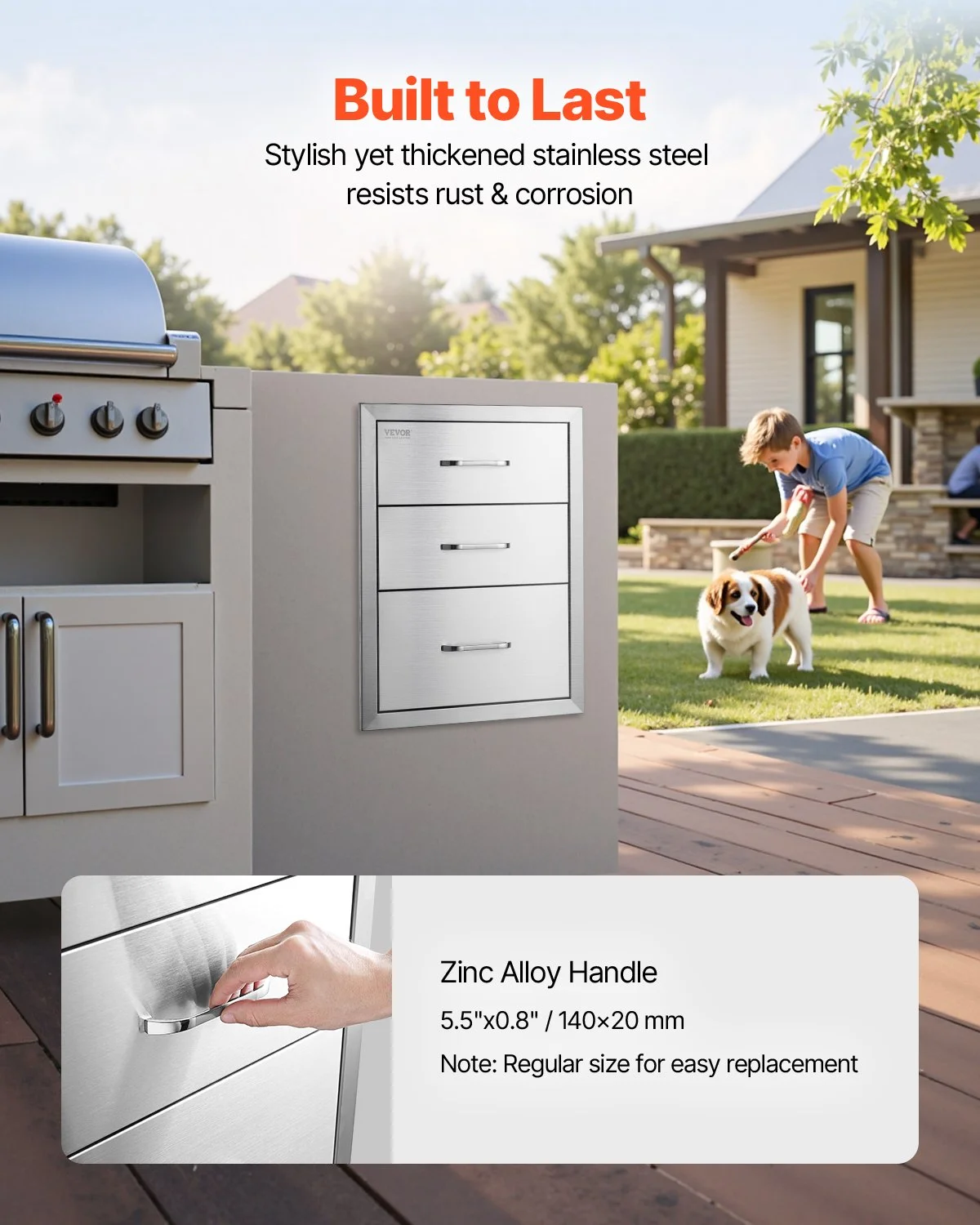 18x23 Inch Outdoor Kitchen Stainless Steel Triple Access BBQ Drawers with Chrome Handle, 18 x23 x 23 Inch - Image 9