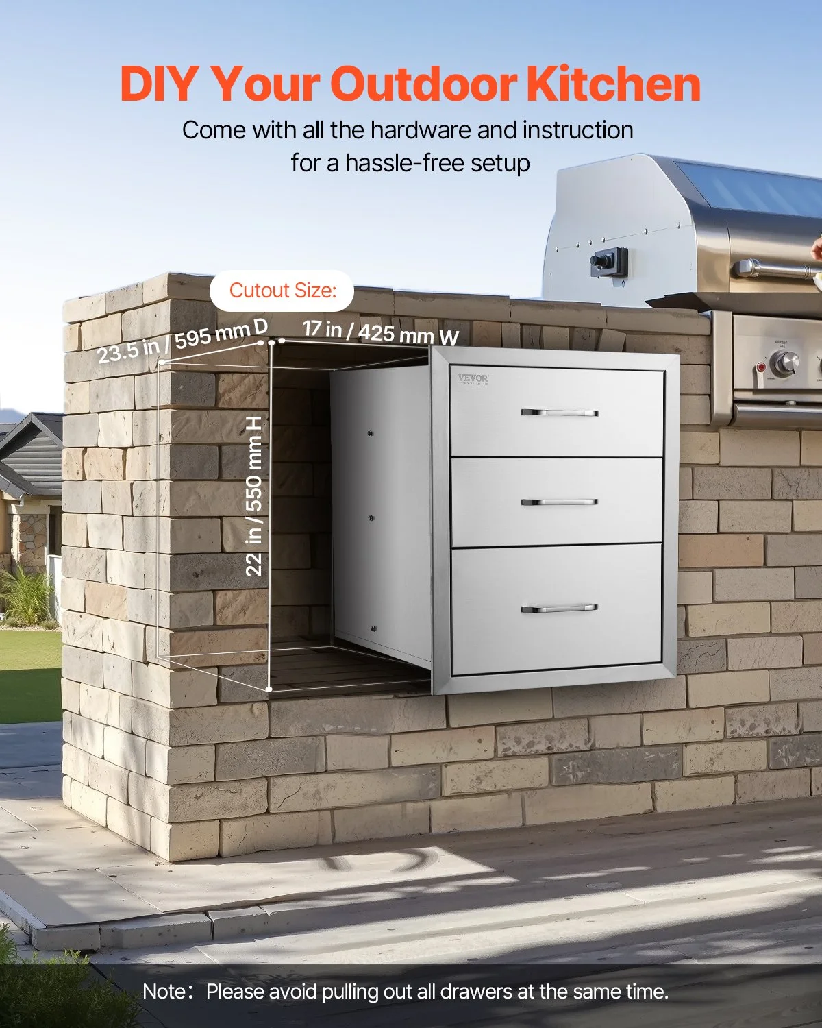 18x23 Inch Outdoor Kitchen Stainless Steel Triple Access BBQ Drawers with Chrome Handle, 18 x23 x 23 Inch - Image 11