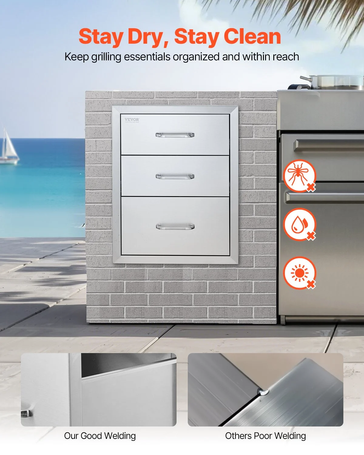 18x23 Inch Outdoor Kitchen Stainless Steel Triple Access BBQ Drawers with Chrome Handle, 18 x23 x 23 Inch - Image 7
