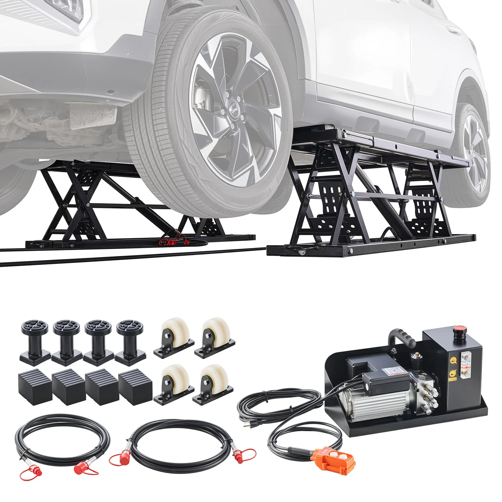 Portable Car Lift, 9000 lbs Capacity, Heavy Duty Steel Truck Lift with 28" Max Height, 120V Power Unit, Wheels, 4 Rubber Pads & 4 Lifting Columns for Cars, SUVs, Trucks, Home Garage or Shop Use