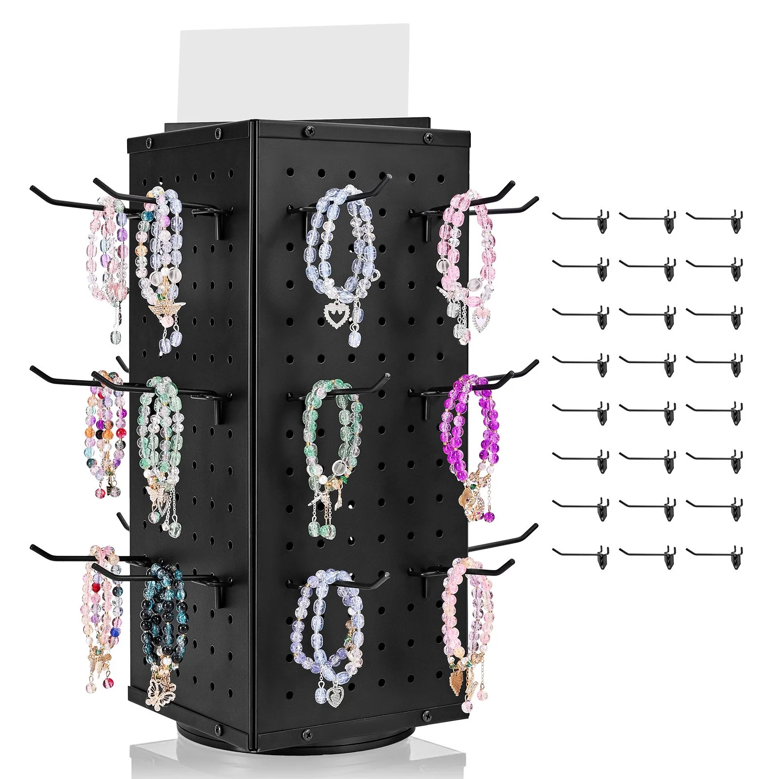 Rotating Pegboard Display Stand, 7.4 x 7.4 x 17 in 4-Sided Spinning Peg Board Display with 24 Hooks, Thickened Cold-Rolled Steel Craft Rack Organizer for Grocery Retail Store Jewelry Shop, Black