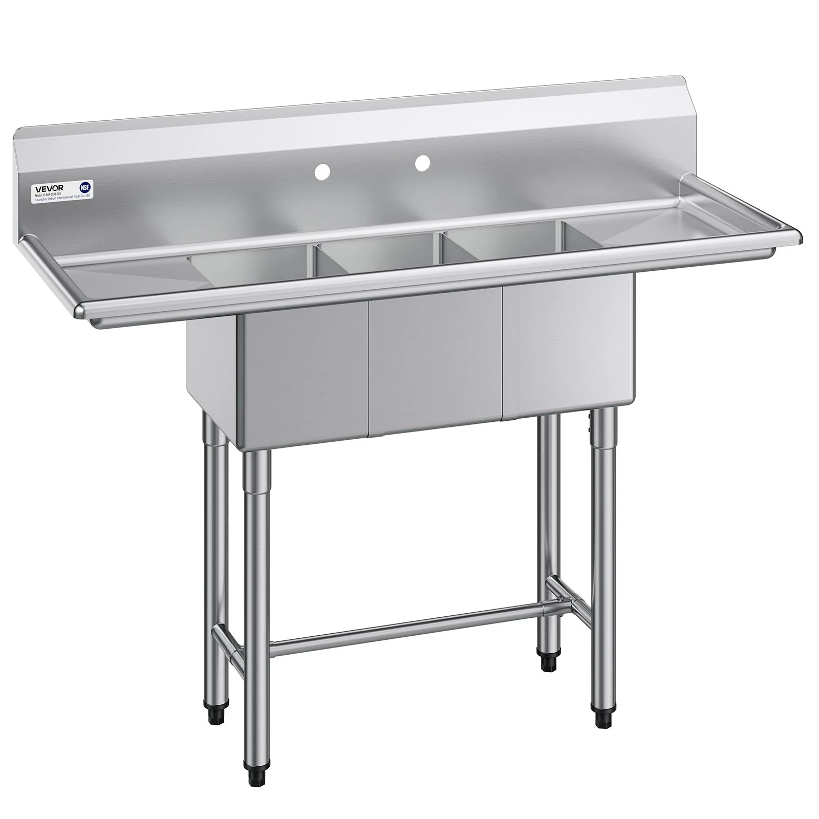3 Compartment Sink, 18-Gauge 304 Stainless Steel, 10" x 14" x 10" Bowl Size, 3 Bay Commercial Kitchen Prep & Utility Sink with 2 Drainboards and Backsplash for Restaurant, Food Truck & Home Use