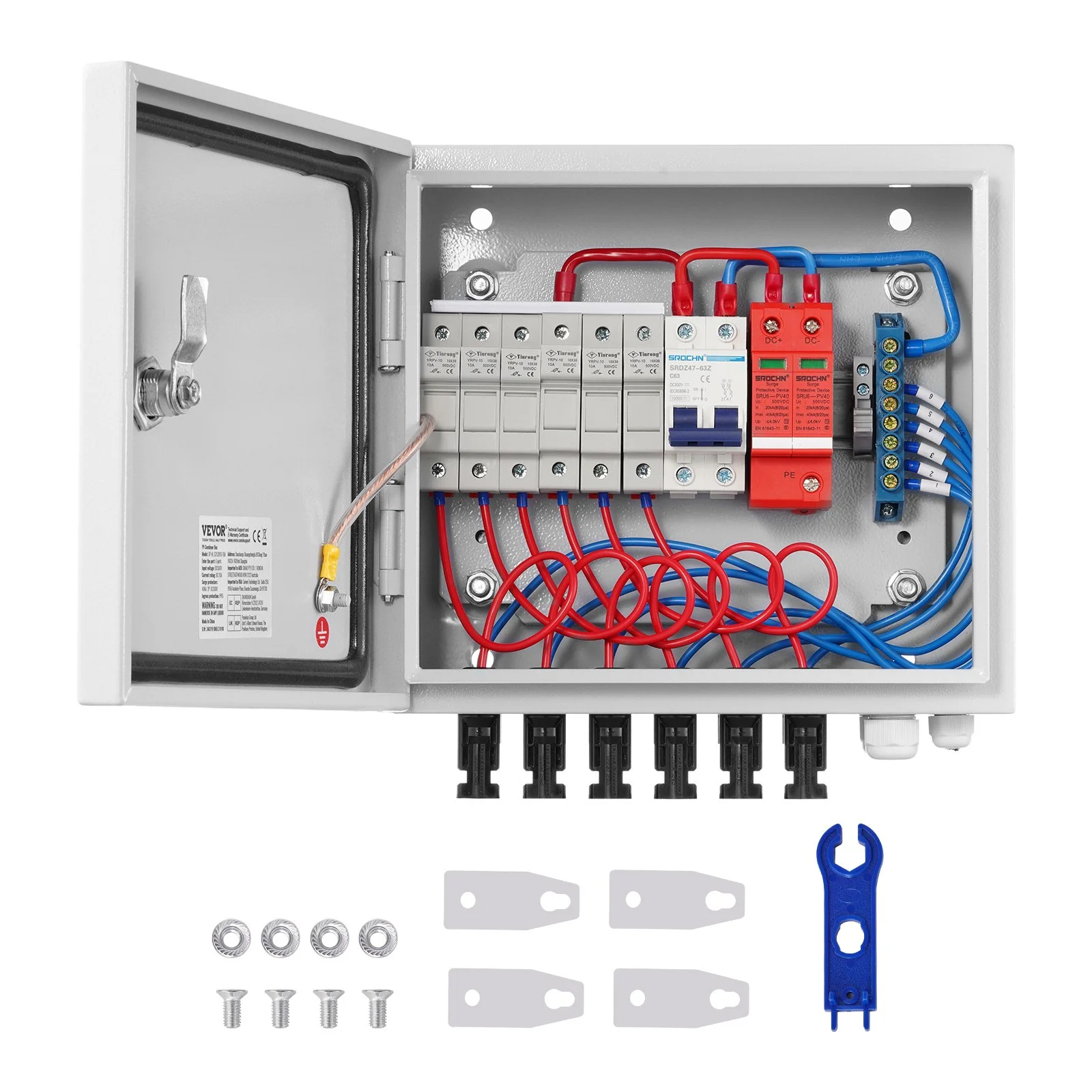 PV Combiner Box, 6 String, Solar Combiner Box with 15A Rated Current Fuse 125A Circuit Breaker Lightning Arrester and Solar Connector, Steel Case for On / Off Grid Solar Panel System, IP65