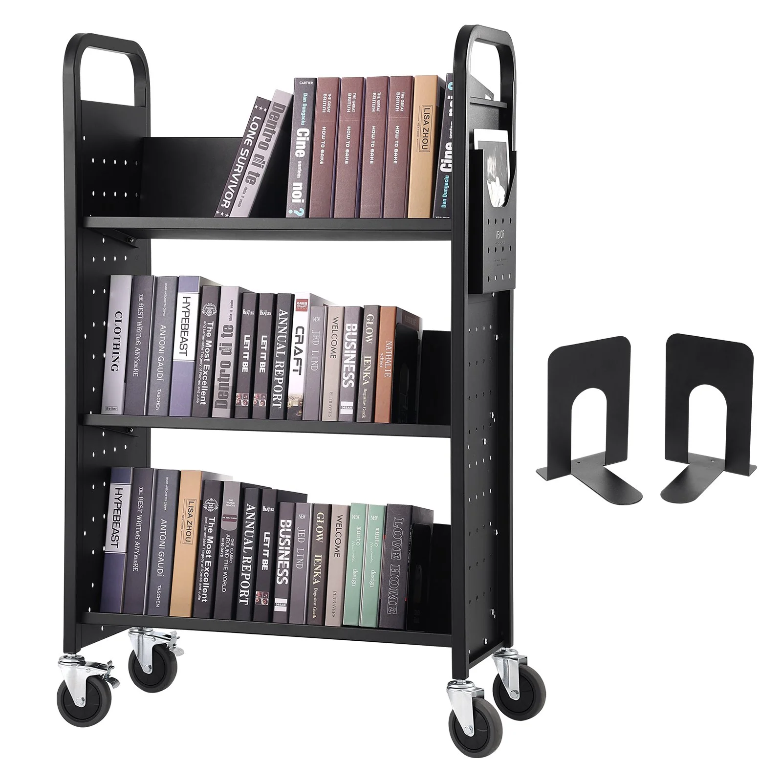 Book Cart, 330 lbs Library Cart, 31.1" x 15.2" x 49.2" Rolling Book Cart, Single Sided V-Shaped Sloped Shelves with 4-Inch Lockable Wheels for Home Shelves Office and School, Book Truck in Black