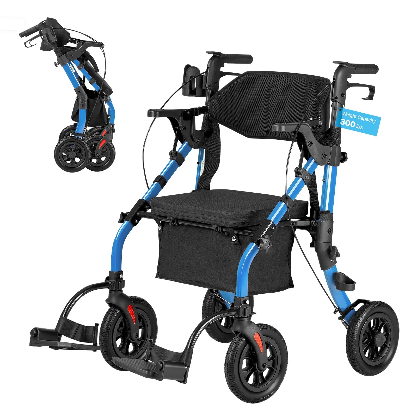 2-in-1 Rollator Walker & Transport Chair for Seniors, Foldable Rolling Walker Wheelchair, Lightweight Aluminum Mobility Walking Aid with Solid PU Wheels, Cup & Cane Holder - Supports 300LBS